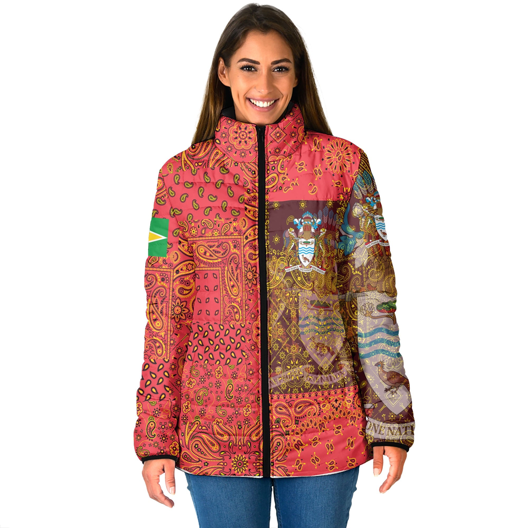 Guyana Women Padded Jacket Paisley Flag And Skull Style 1