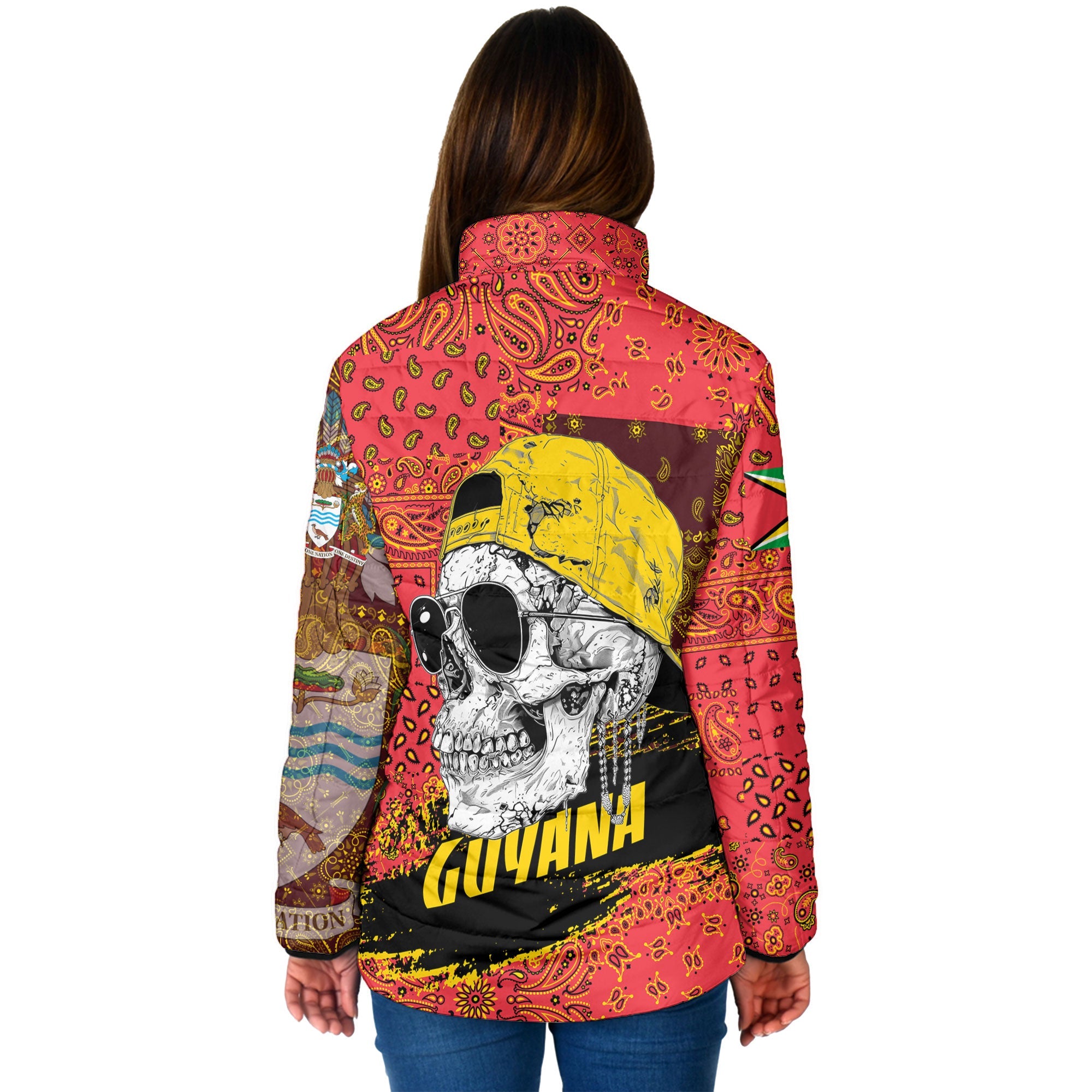 Guyana Women Padded Jacket Paisley Flag And Skull Style 2