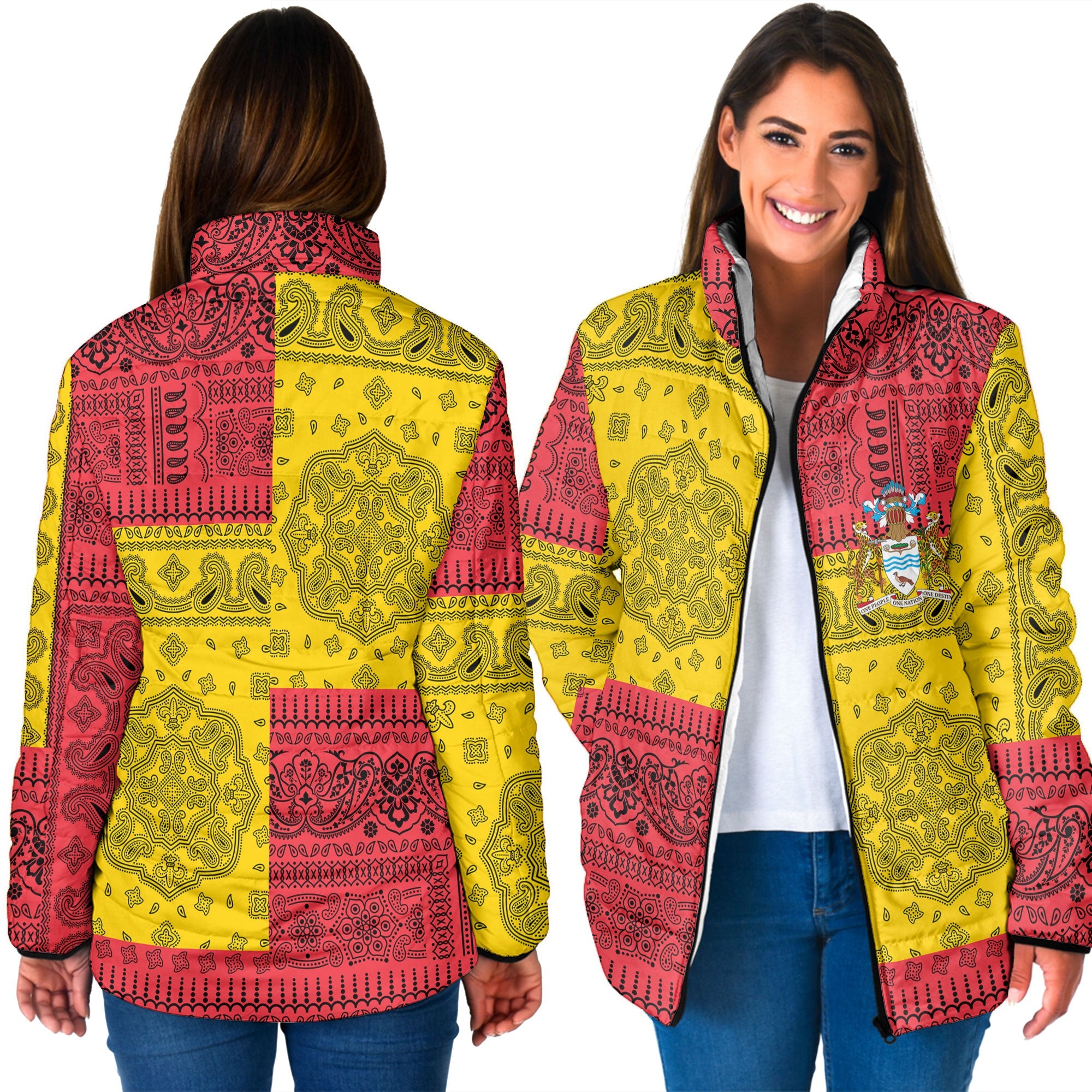 Guyana Women Padded Jacket Flag And Paisley Basic Style 3