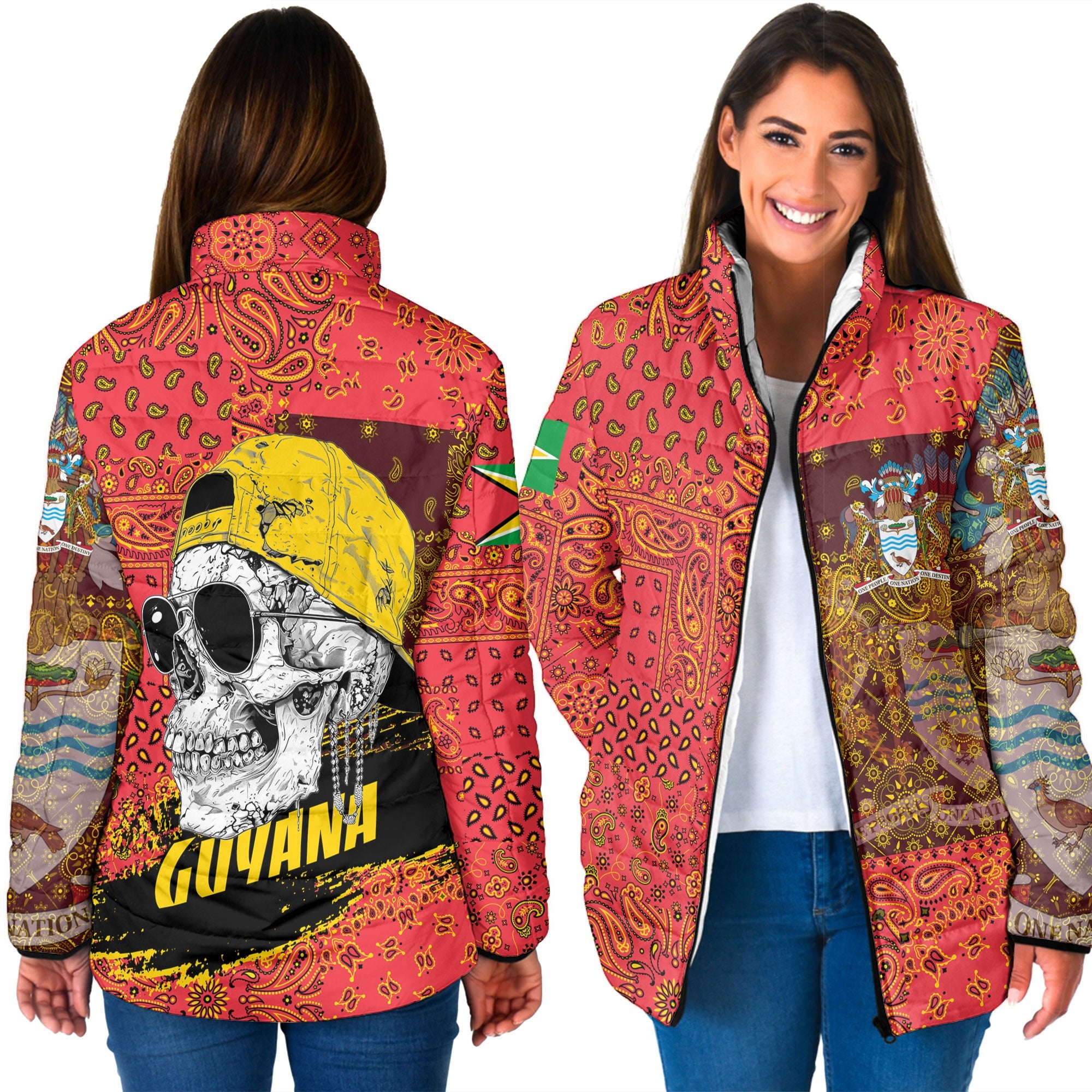 Guyana Women Padded Jacket Paisley Flag And Skull Style 3