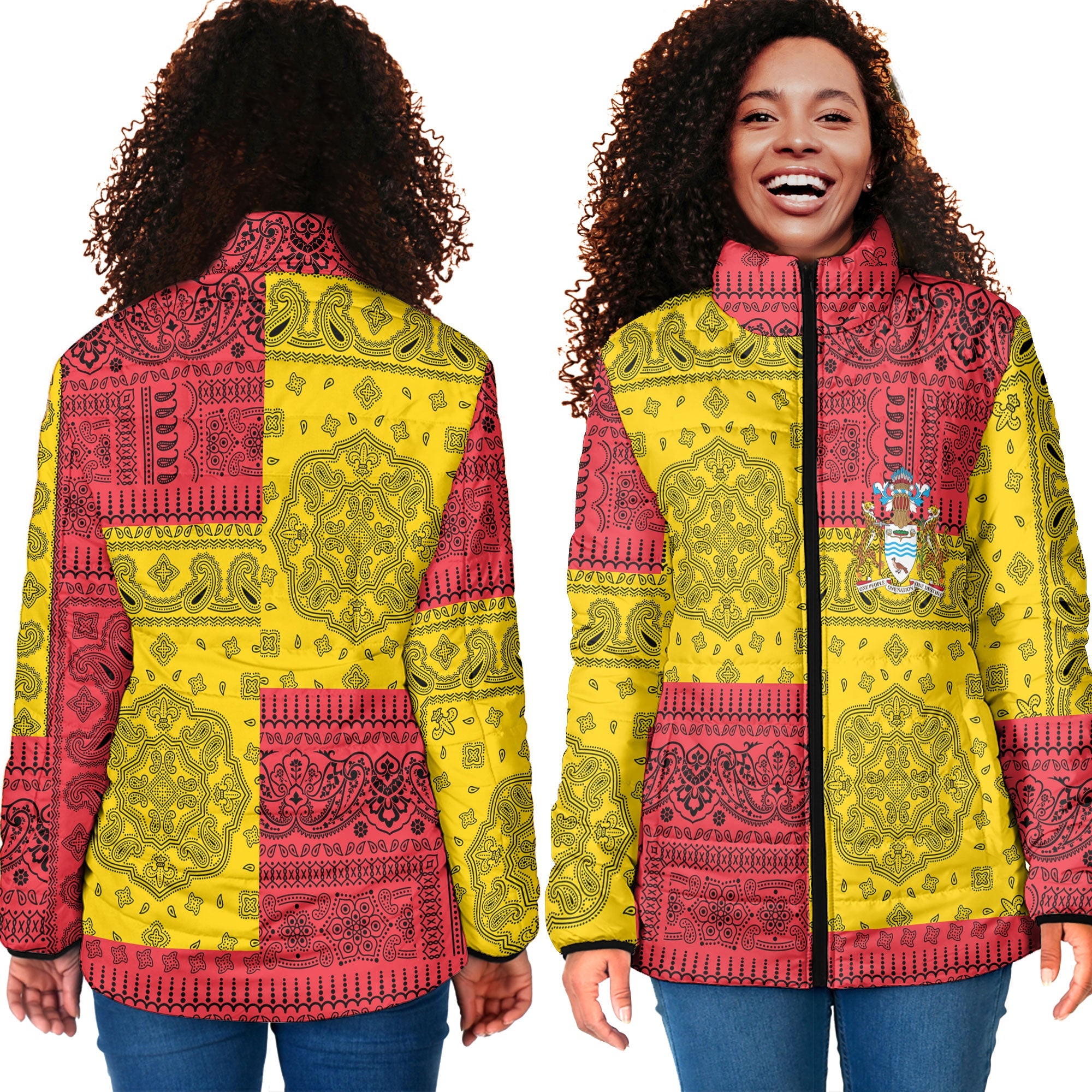 Guyana Women Padded Jacket Flag And Paisley Basic Style 4