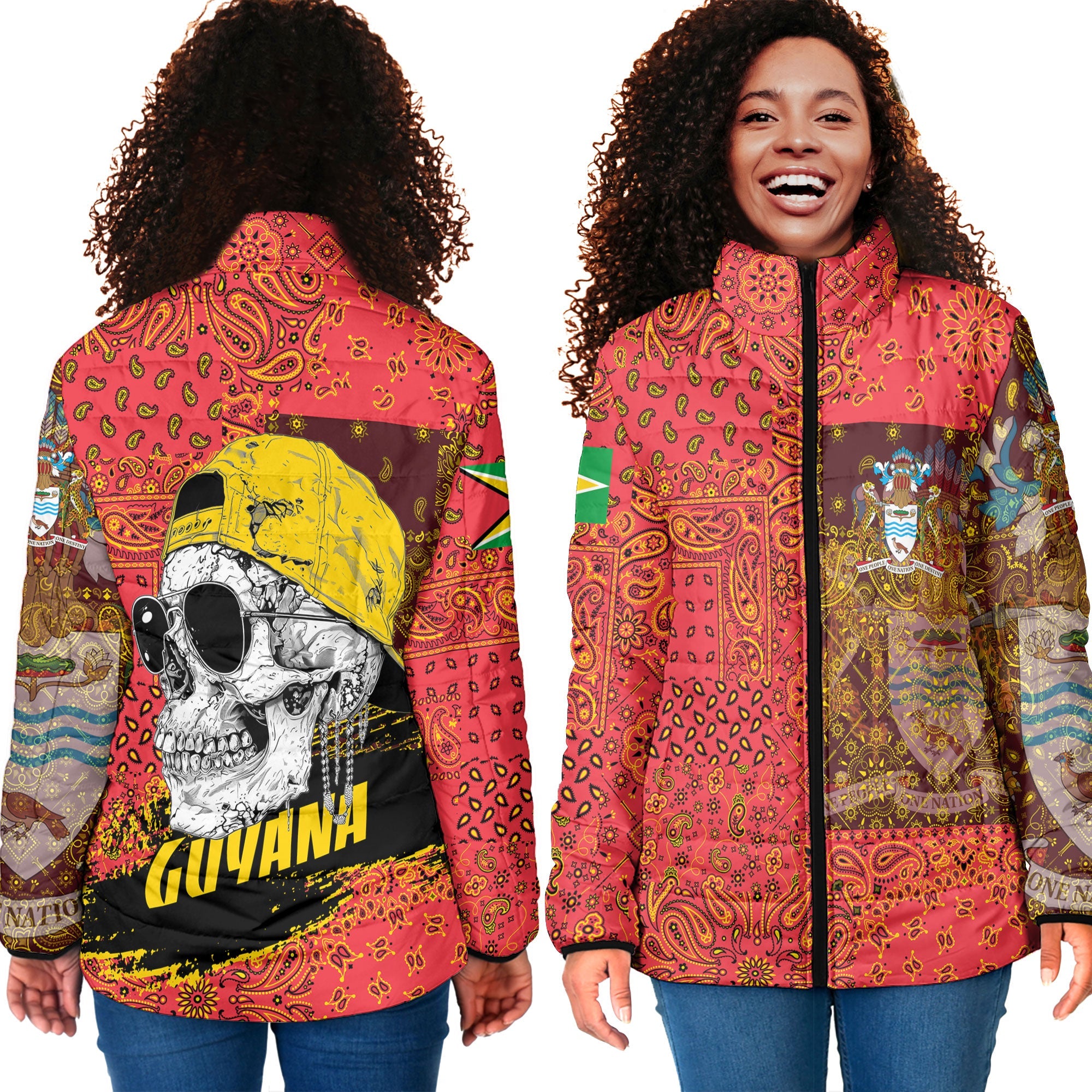 Guyana Women Padded Jacket Paisley Flag And Skull Style 4