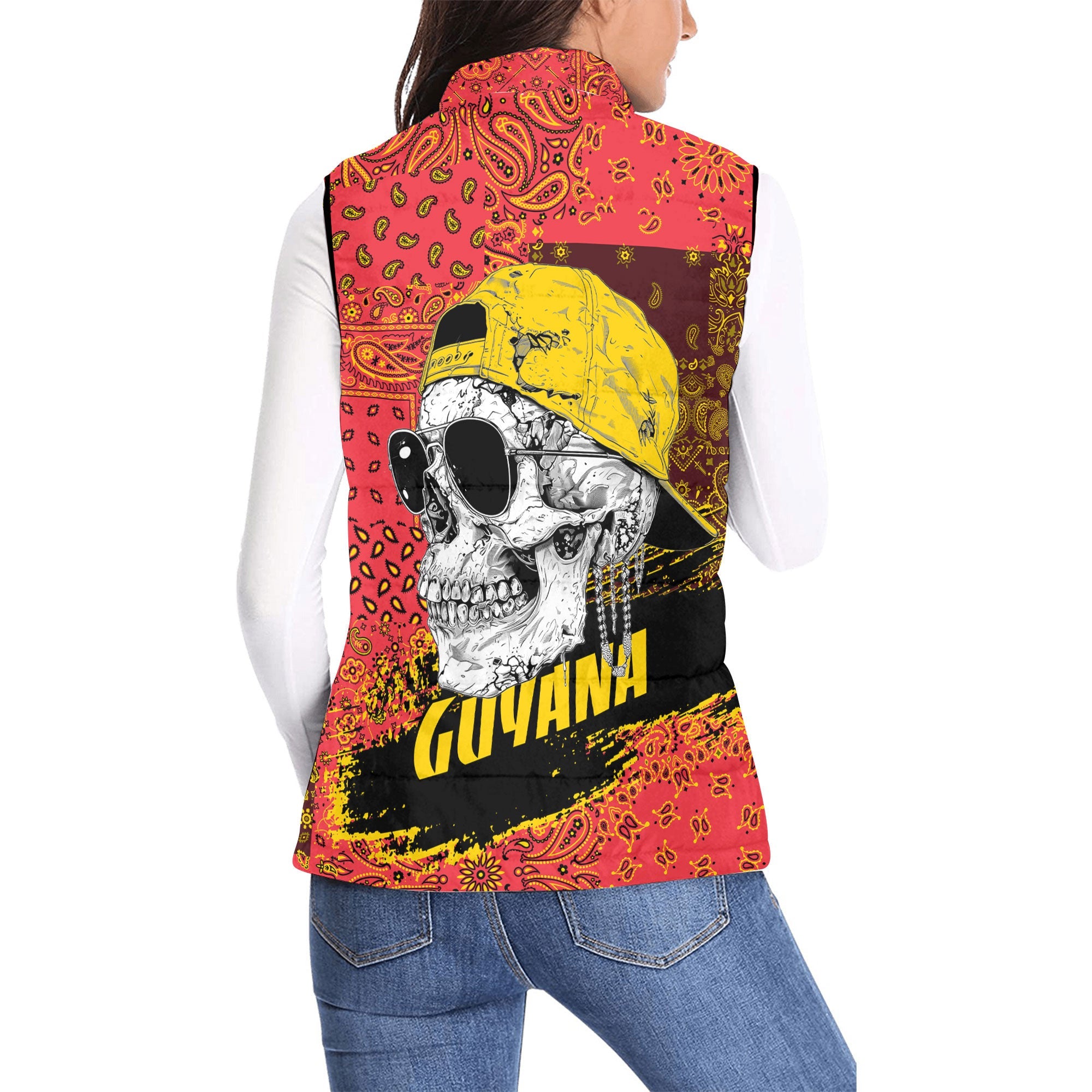 Guyana Women Padded Jacket Vest Paisley Flag And Skull Style 2