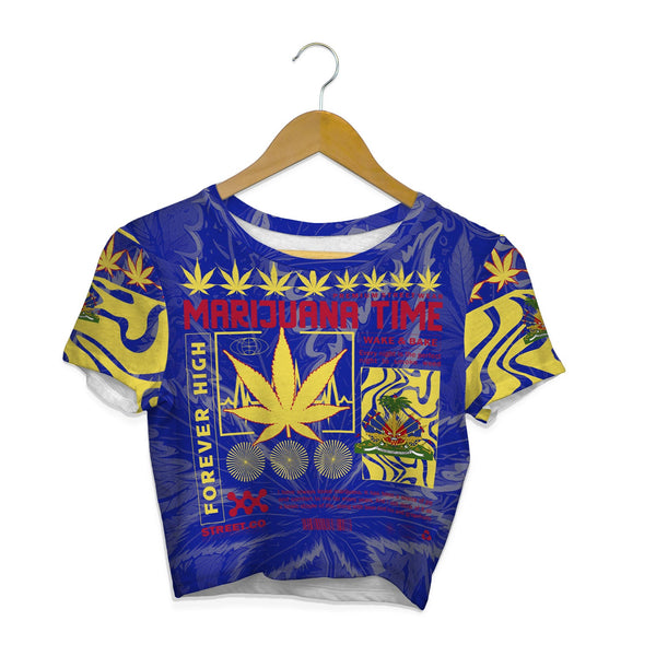 Haiti Crop Top T Shirt Flag & Coat Of Arms Marijuanas Style