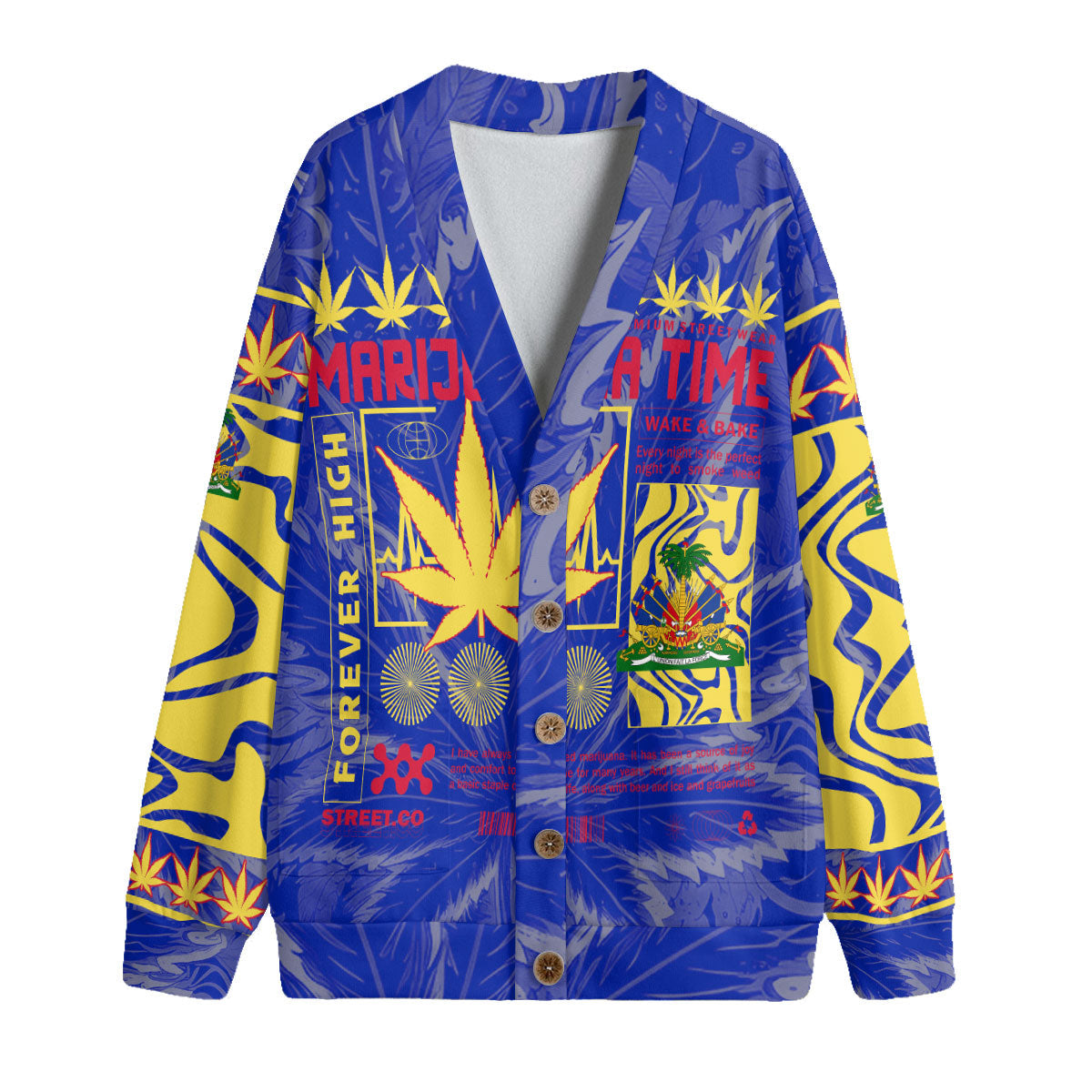 Haiti Fleece Cardigan Flag & Coat Of Arms Marijuanas Style