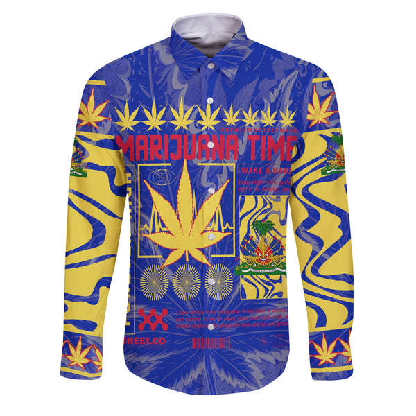 Haiti Long Sleeve Button Shirt Flag & Coat Of Arms Marijuanas Style