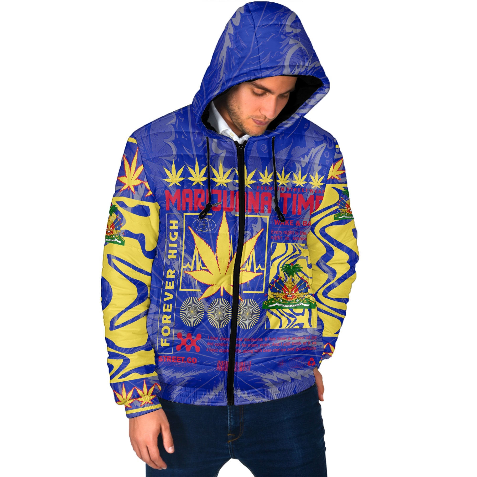 Haiti Men Hooded Padded Jacket Flag & Coat Of Arms Marijuanas Style