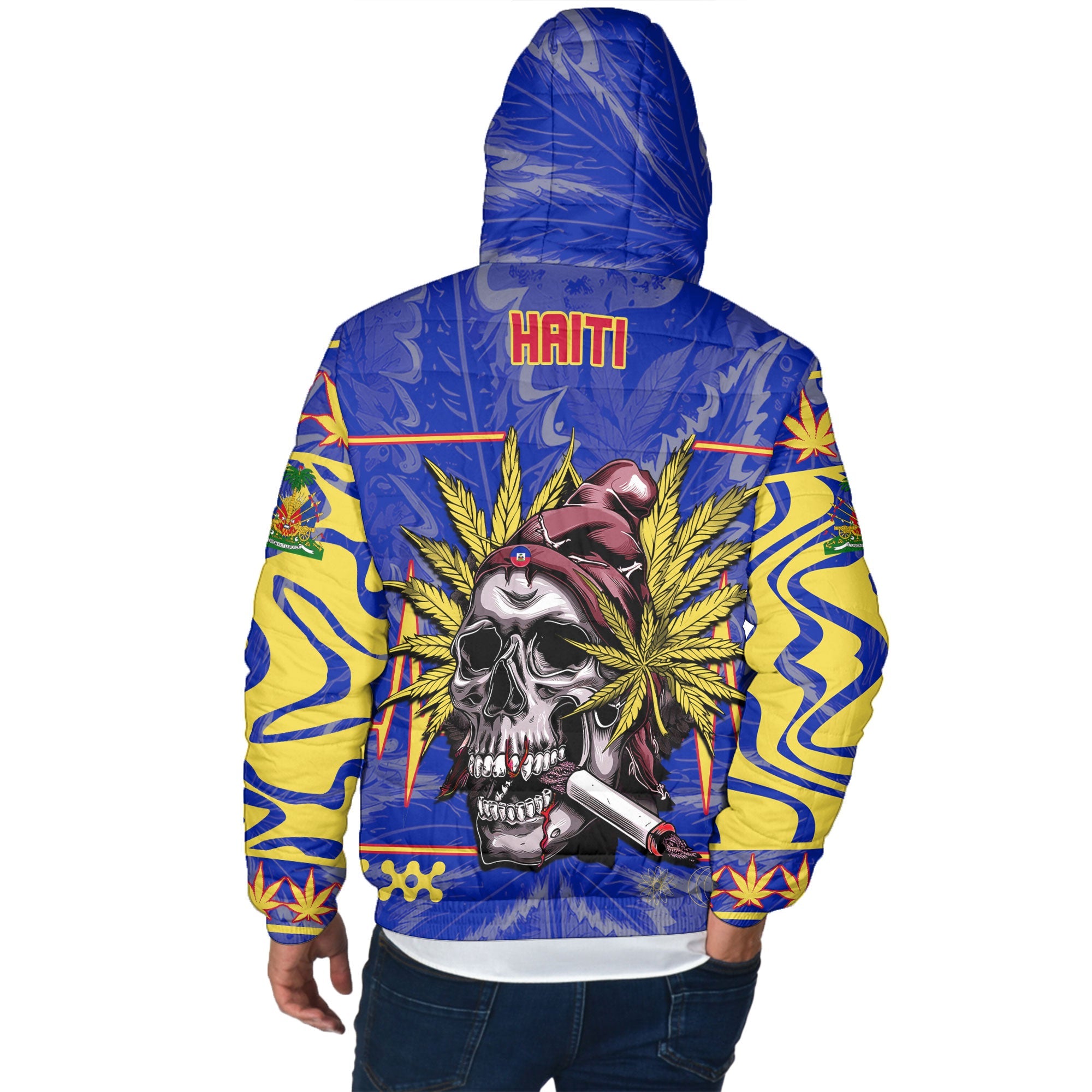 Haiti Men Hooded Padded Jacket Flag & Coat Of Arms Marijuanas Style