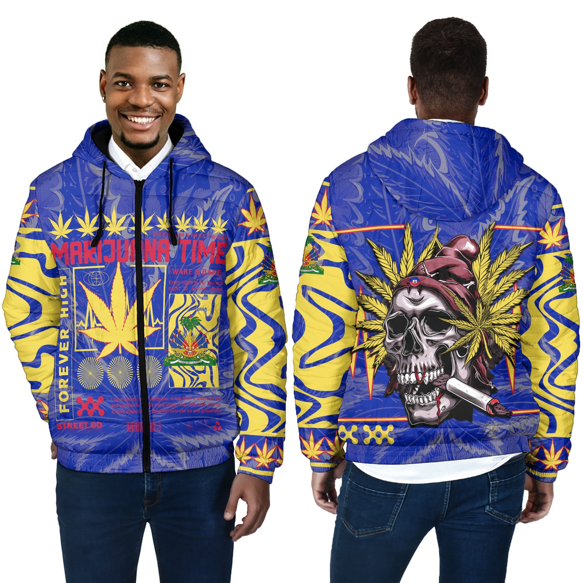 Haiti Men Hooded Padded Jacket Flag & Coat Of Arms Marijuanas Style