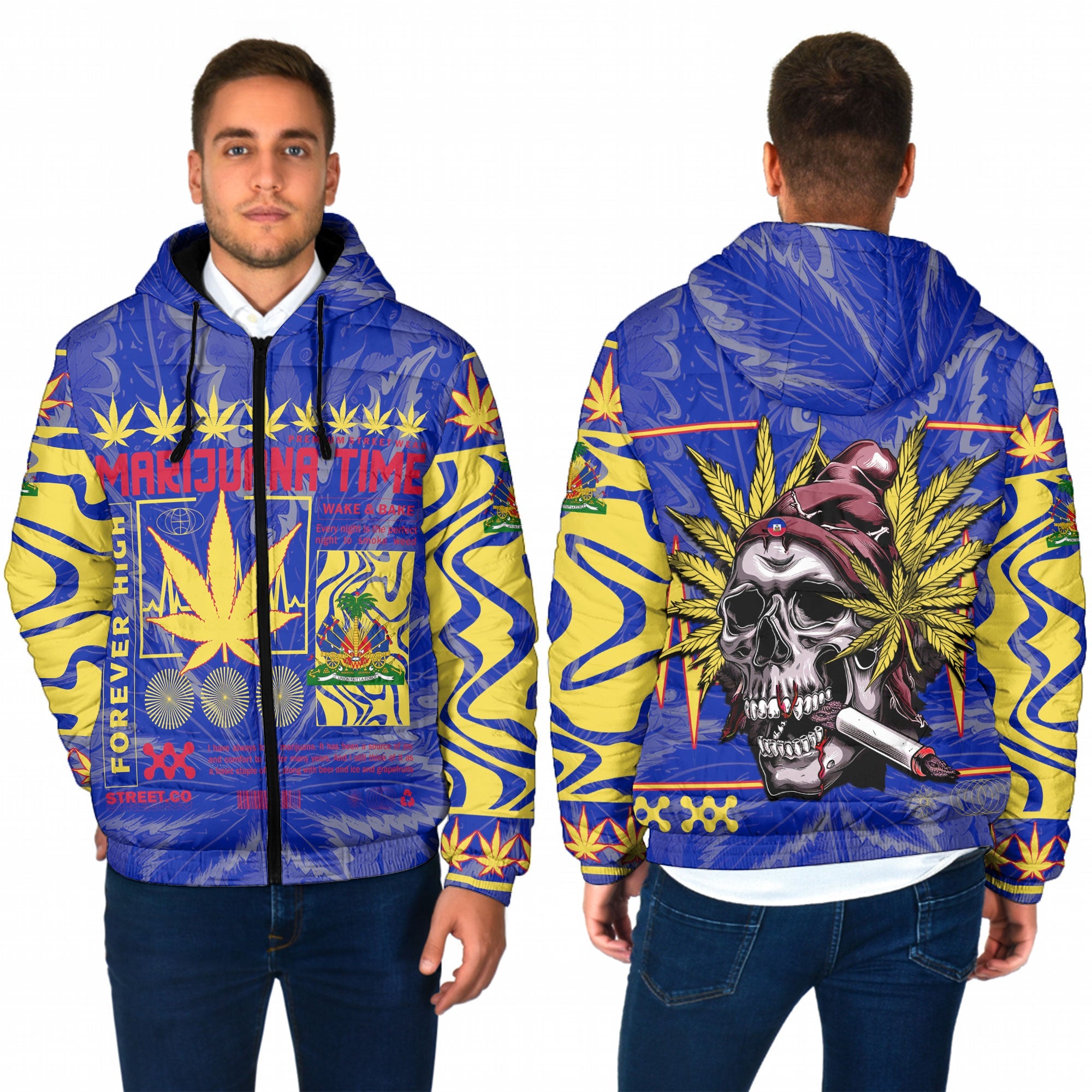 Haiti Men Hooded Padded Jacket Flag & Coat Of Arms Marijuanas Style