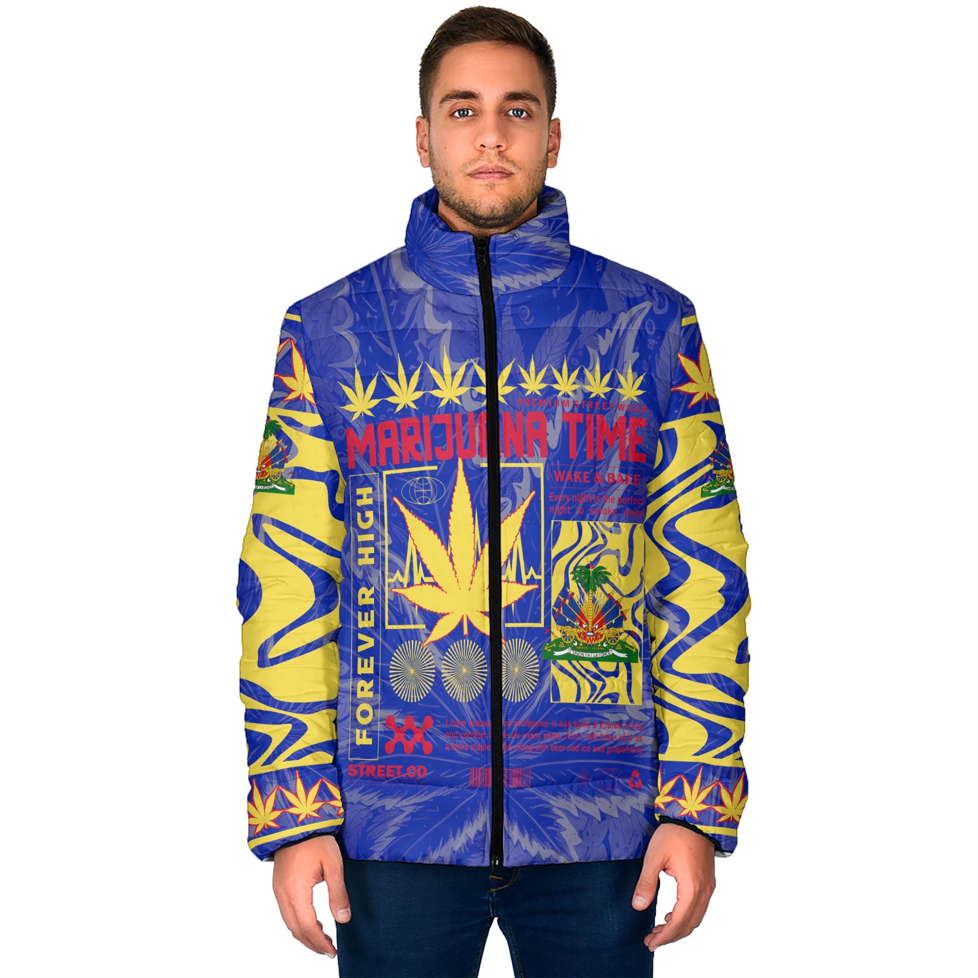 Haiti Men Padded Jacket Flag & Coat Of Arms Marijuanas Style