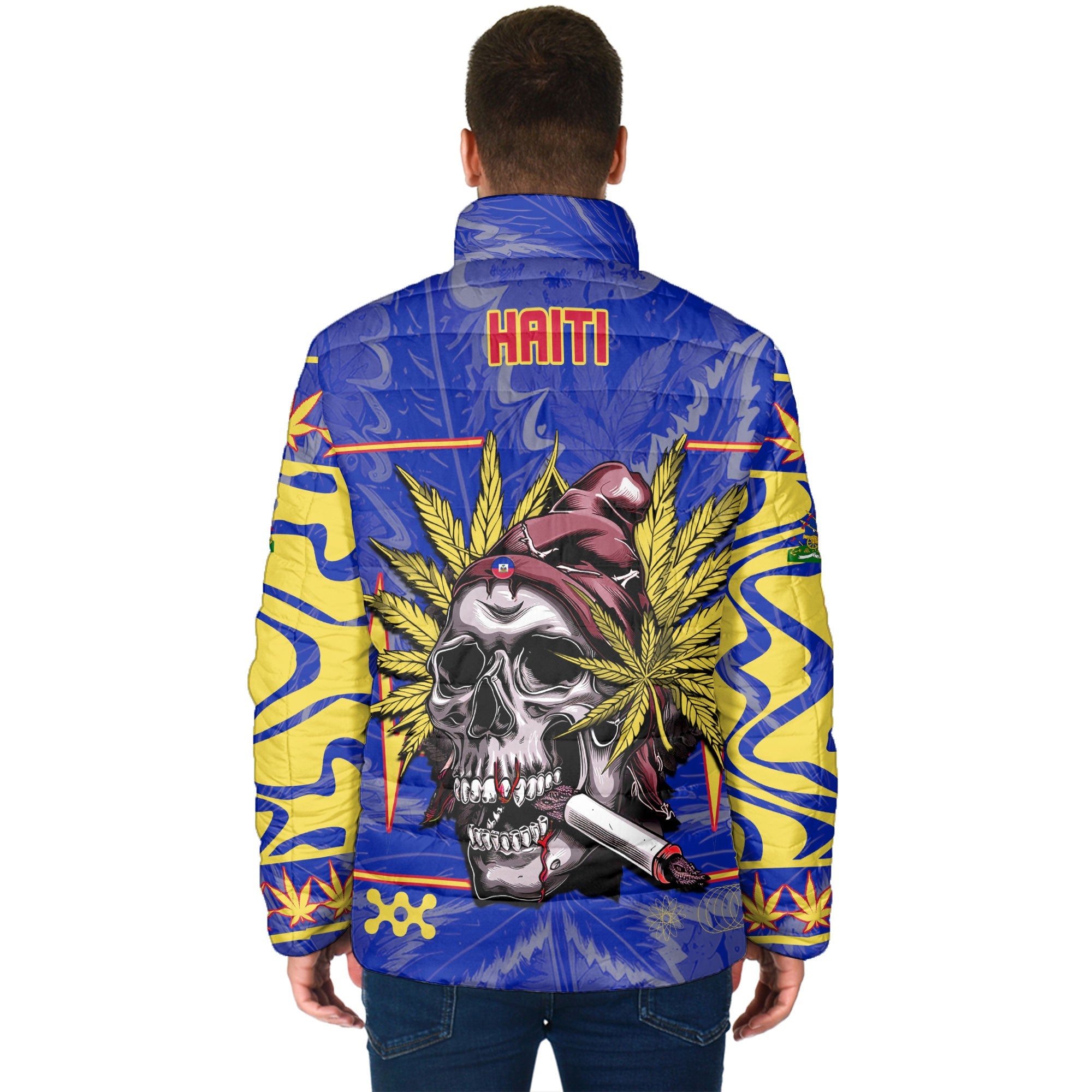 Haiti Men Padded Jacket Flag & Coat Of Arms Marijuanas Style