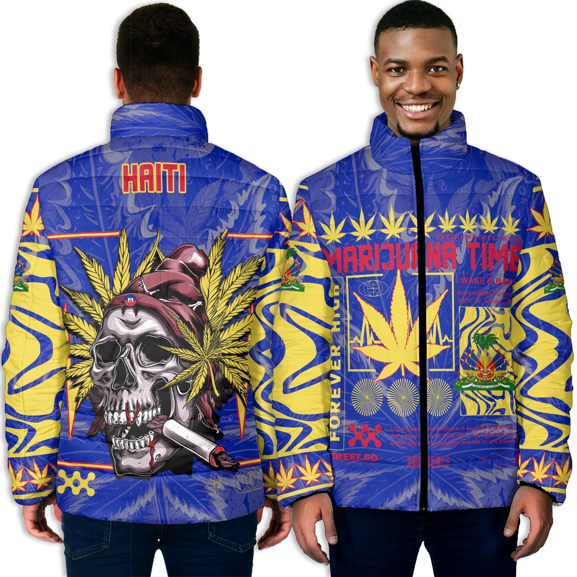 Haiti Men Padded Jacket Flag & Coat Of Arms Marijuanas Style