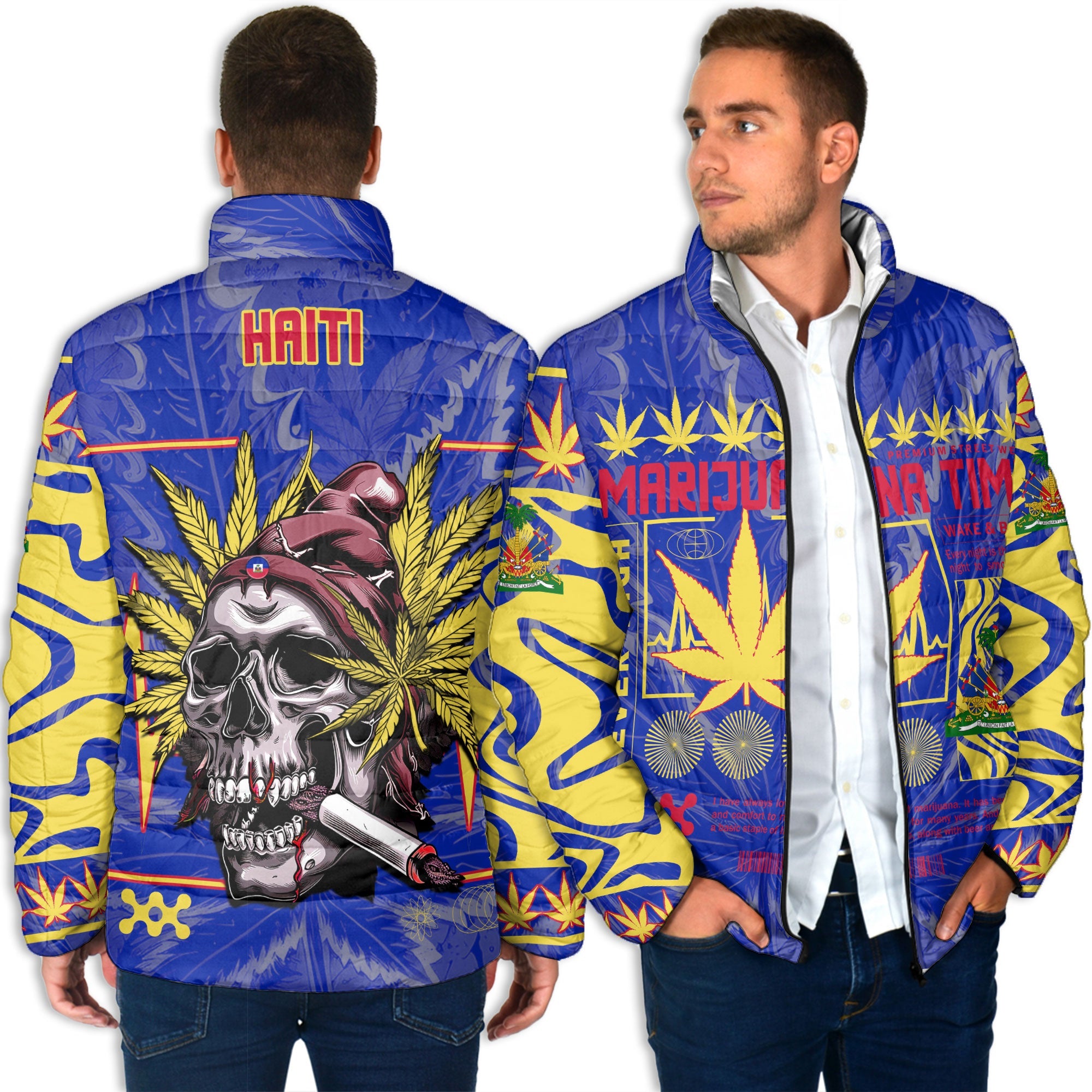 Haiti Men Padded Jacket Flag & Coat Of Arms Marijuanas Style