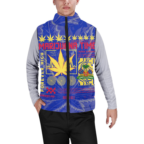 Haiti Men Padded Jacket Vest Flag & Coat Of Arms Marijuanas Style