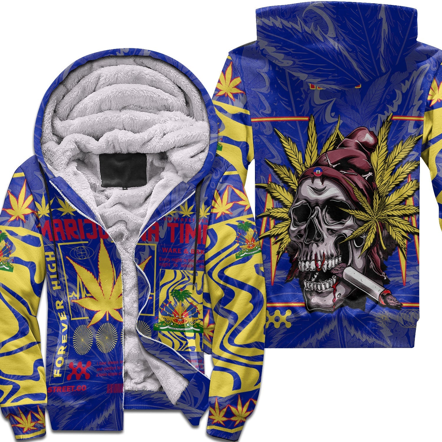 Haiti Sherpa Hoodie Flag & Coat Of Arms Marijuanas Style