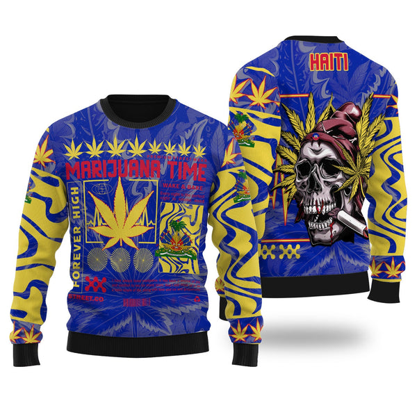 Haiti Ugly Sweater Flag & Coat Of Arms Marijuanas Style