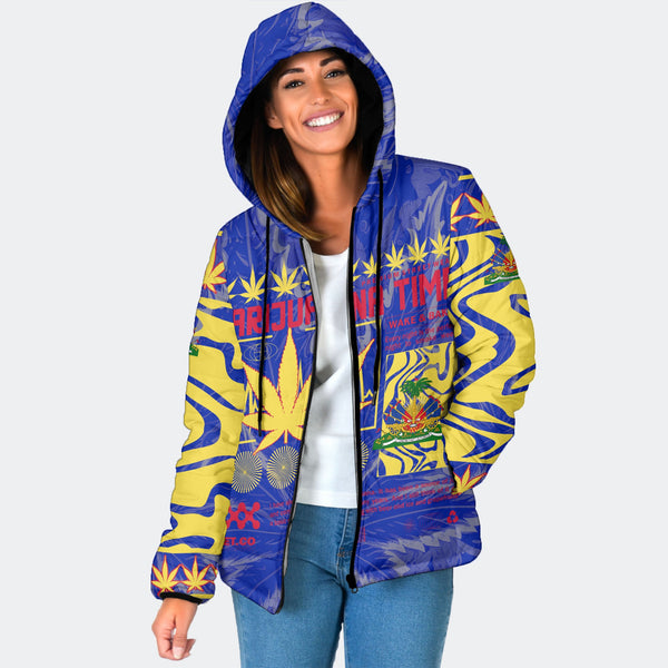 Haiti Women Hooded Padded Jacket Flag & Coat Of Arms Marijuanas Style