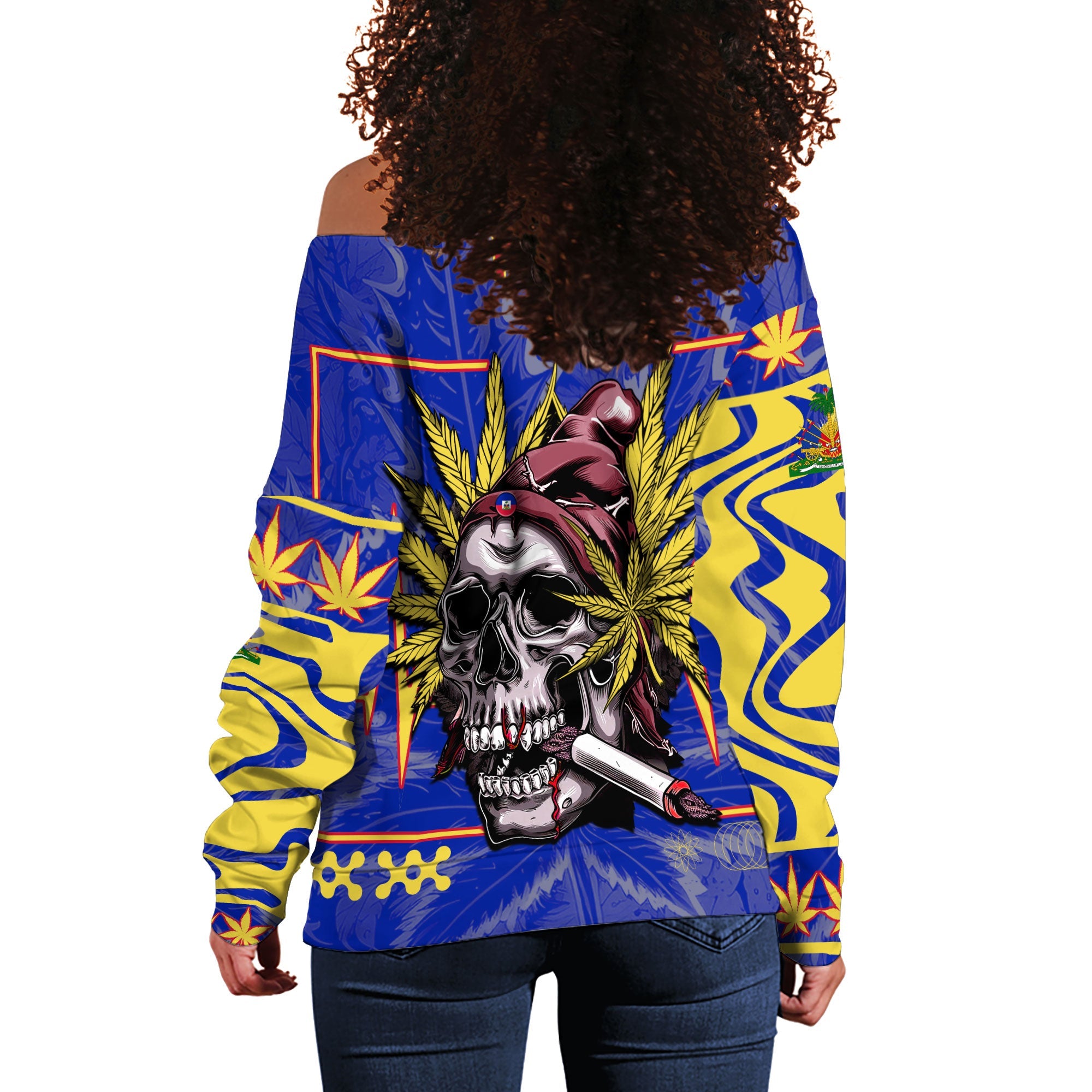 Haiti Women Off Shoulder Sweatshirt Flag & Coat Of Arms Marijuanas Style