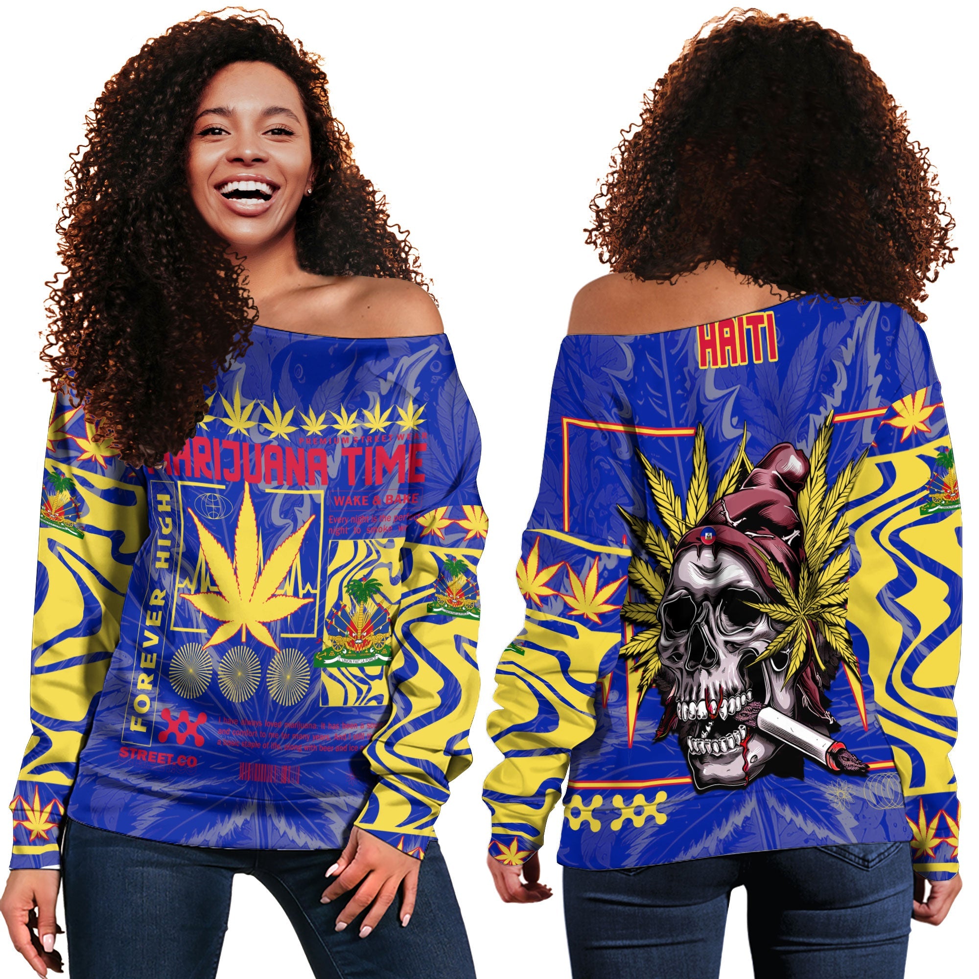 Haiti Women Off Shoulder Sweatshirt Flag & Coat Of Arms Marijuanas Style