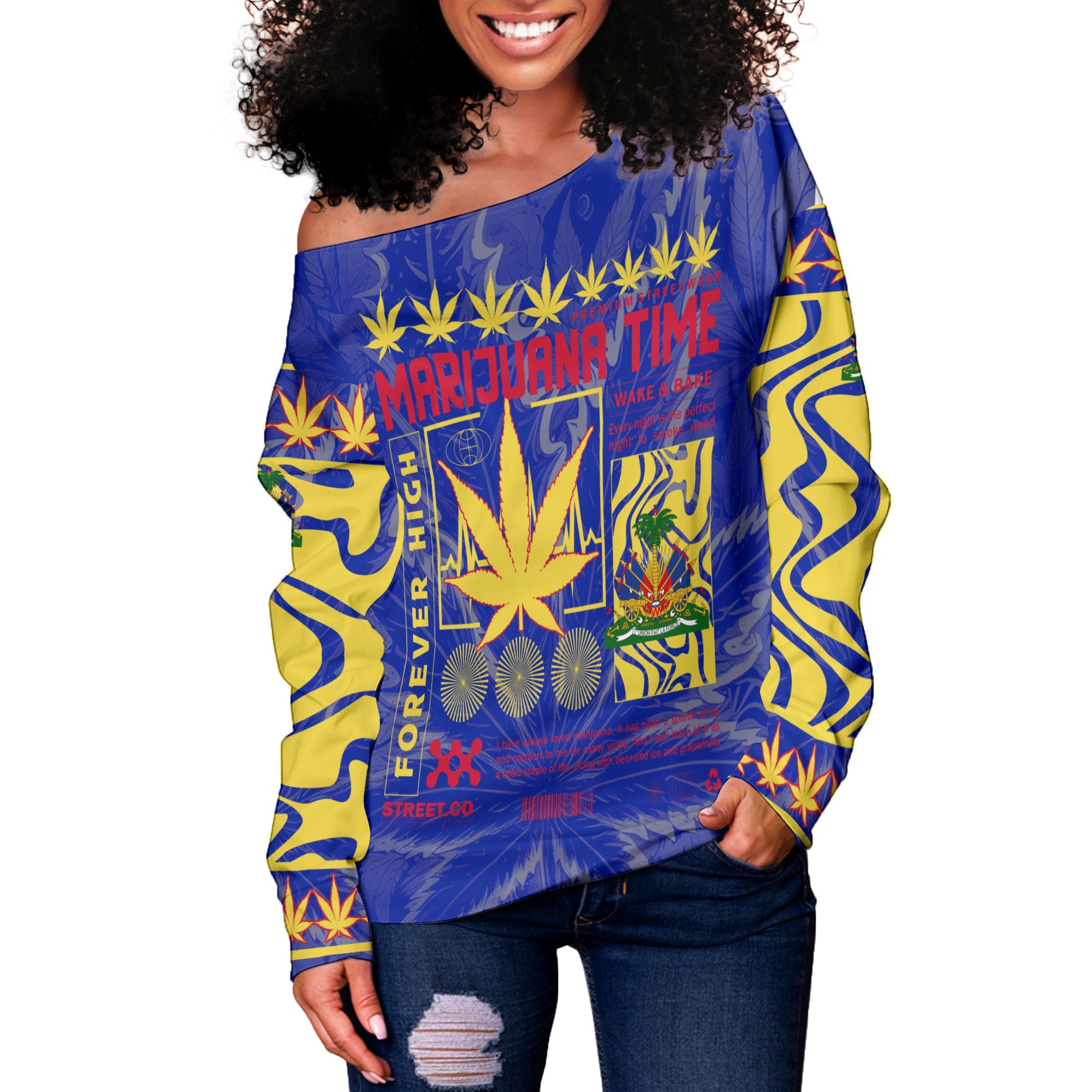 Haiti Women Off Shoulder Sweatshirt Flag & Coat Of Arms Marijuanas Style