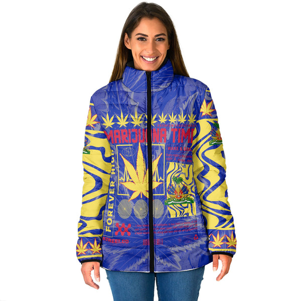 Haiti Women Padded Jacket Flag & Coat Of Arms Marijuanas Style