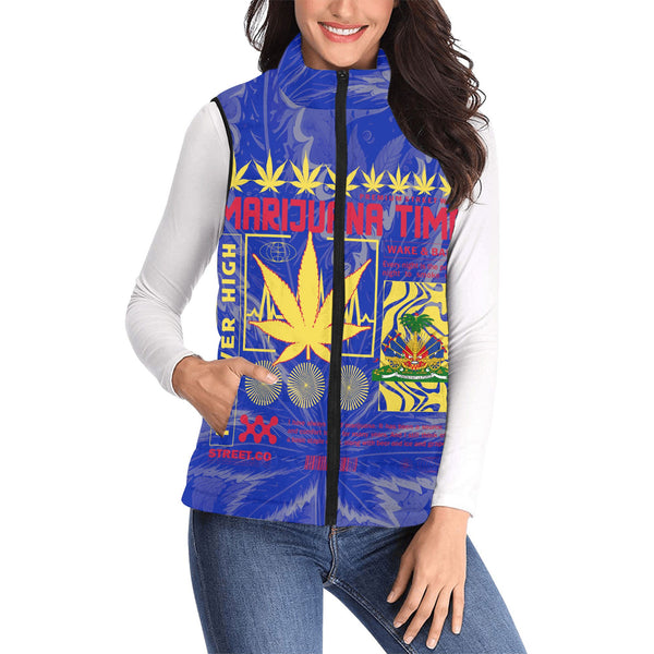 Haiti Women Padded Jacket Vest Flag & Coat Of Arms Marijuanas Style