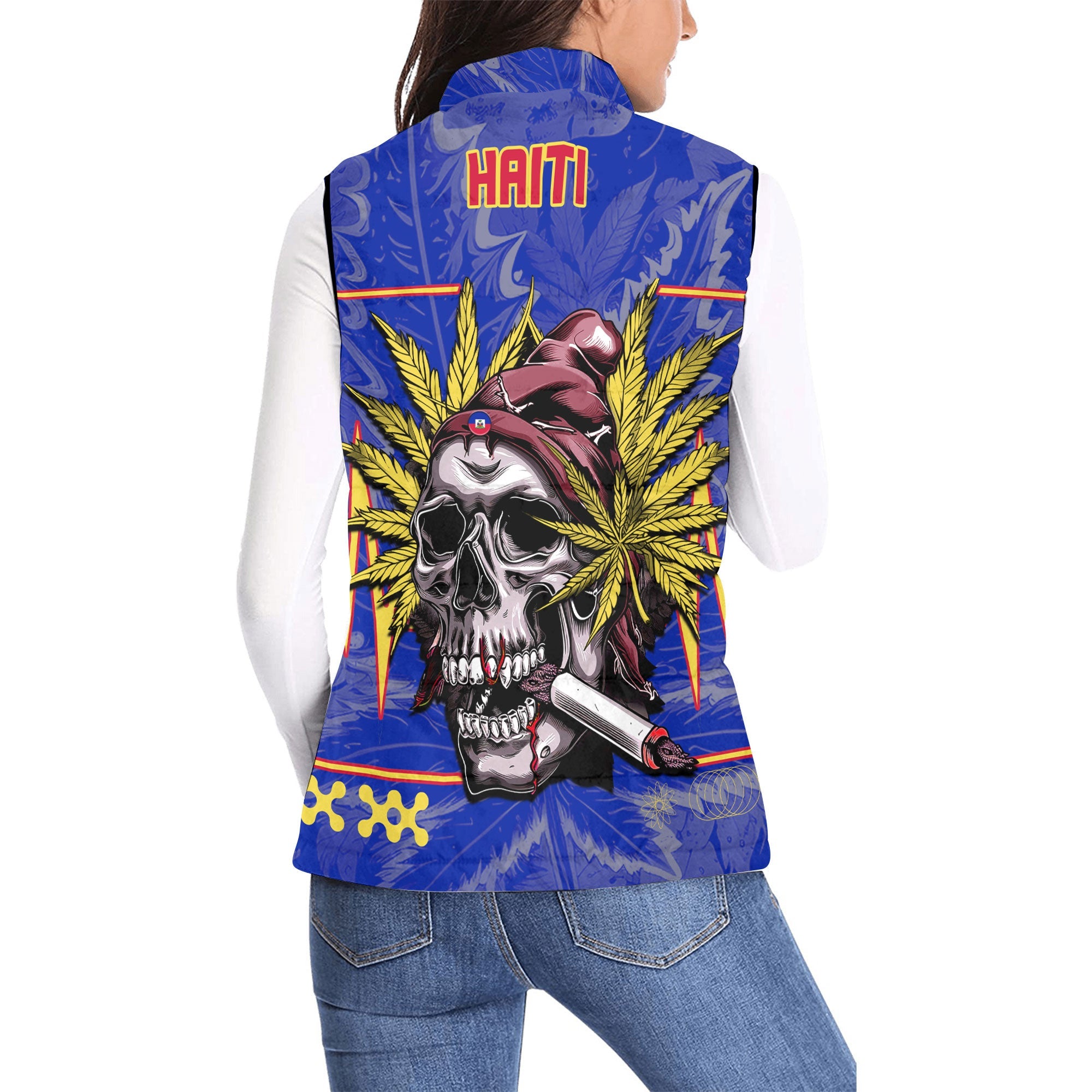 Haiti Women Padded Jacket Vest Flag & Coat Of Arms Marijuanas Style