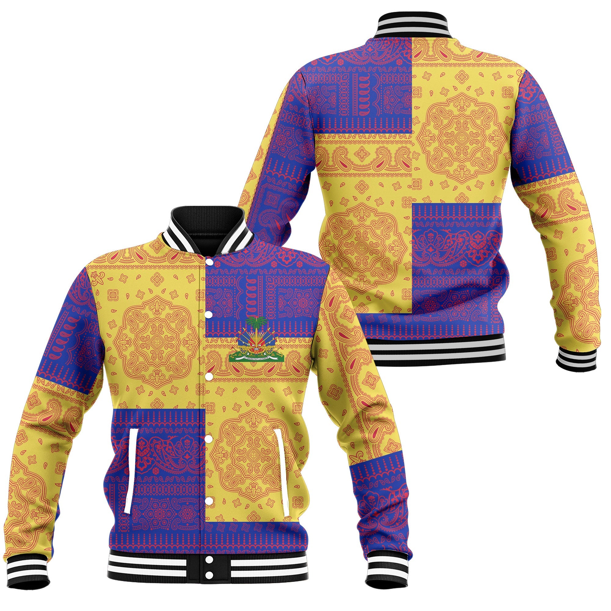 Haiti Baseball Jacket Flag And Paisley Basic Style 1