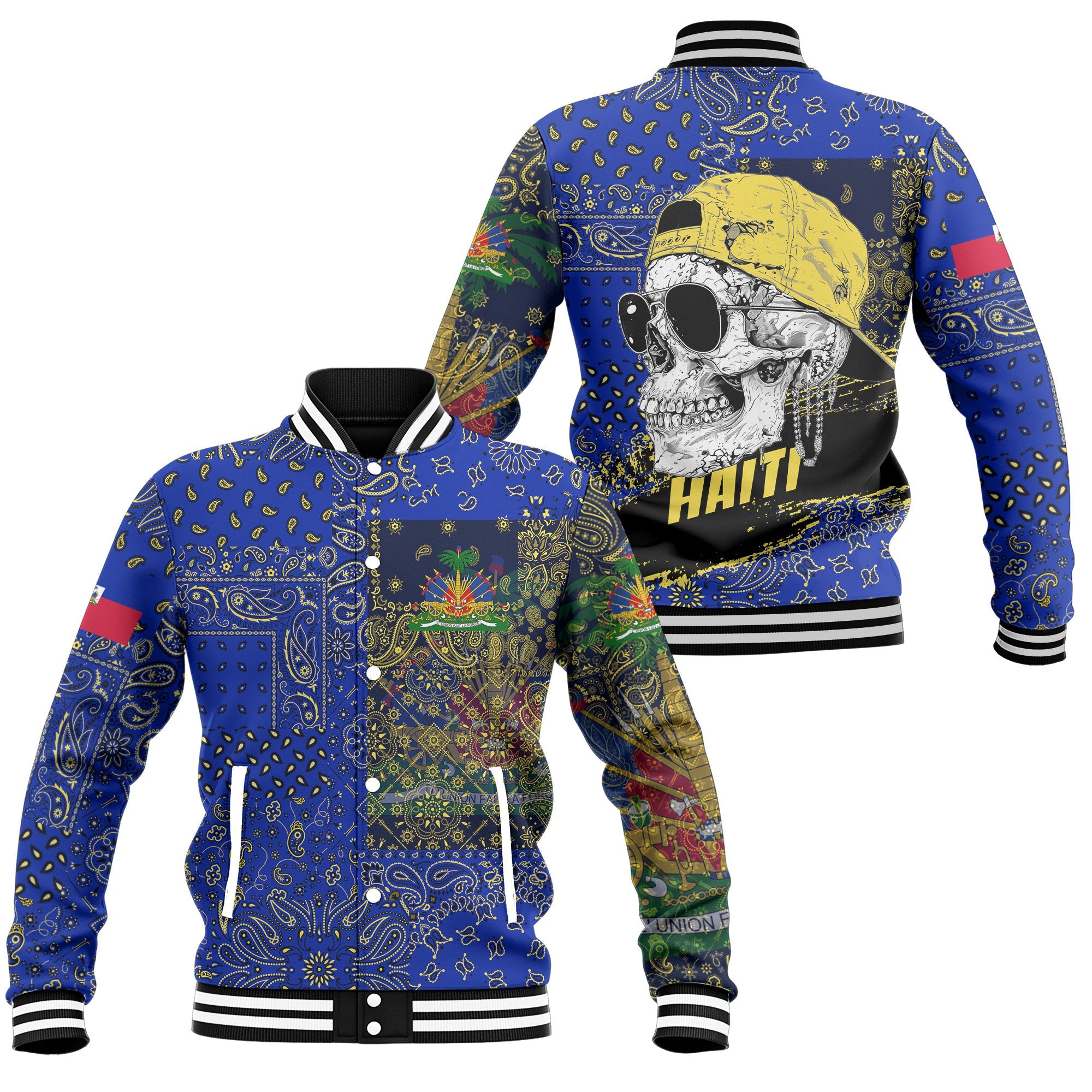 Haiti Baseball Jacket Paisley Flag And Skull Style 1