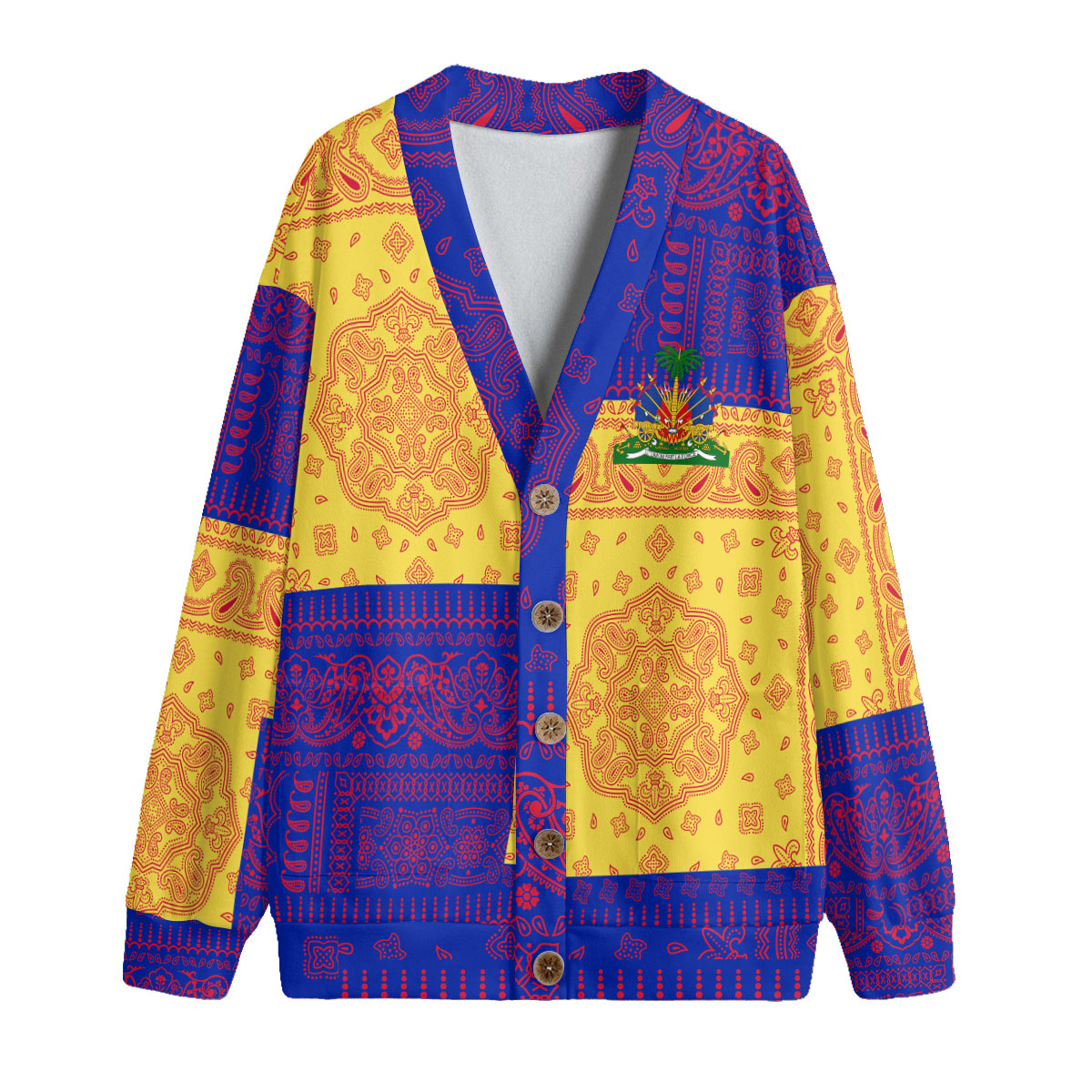 Haiti Fleece Cardigan Flag And Paisley Basic Style 1