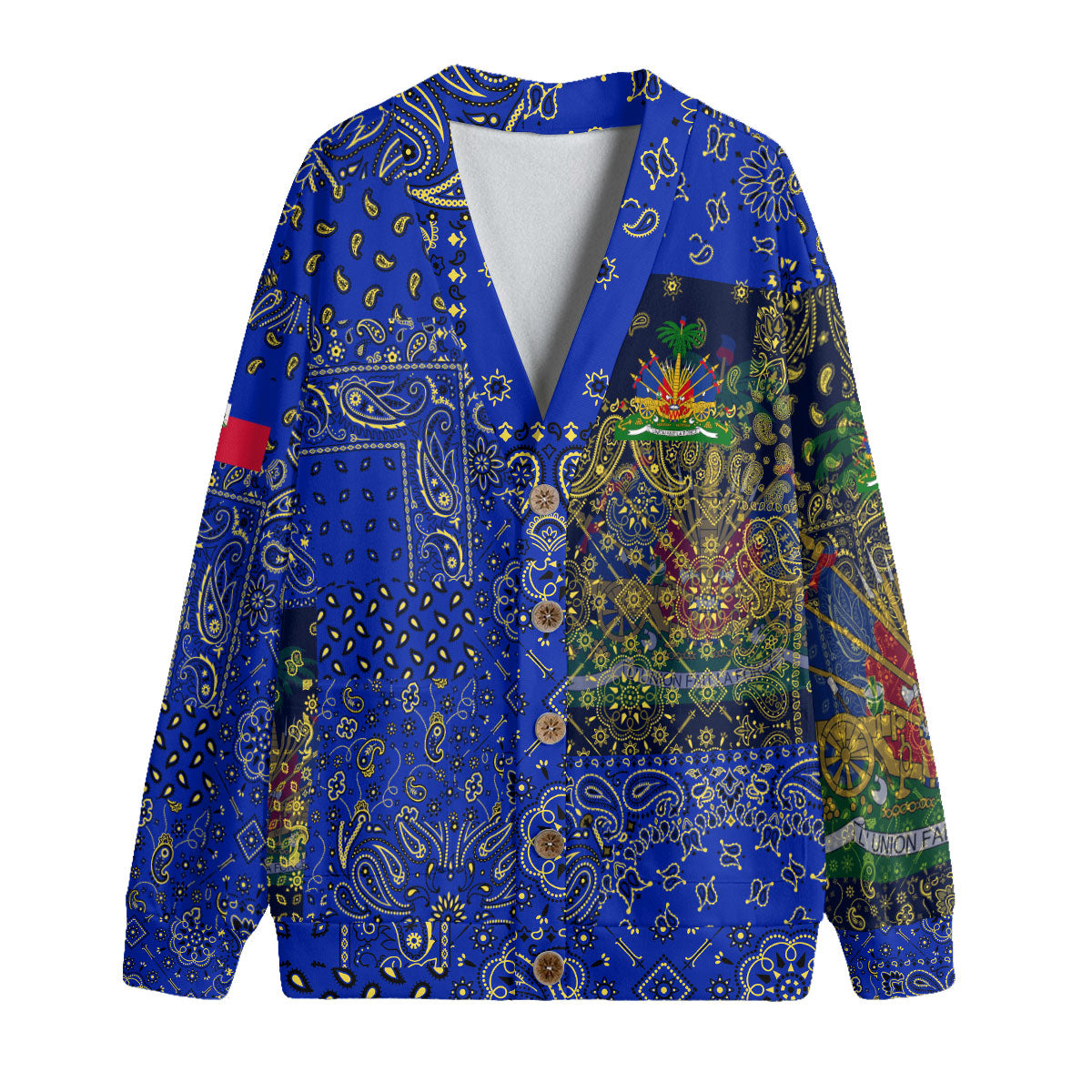 Haiti Fleece Cardigan Paisley Flag And Skull Style 1