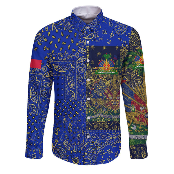 Haiti Long Sleeve Button Shirt Paisley Flag And Skull Style 1