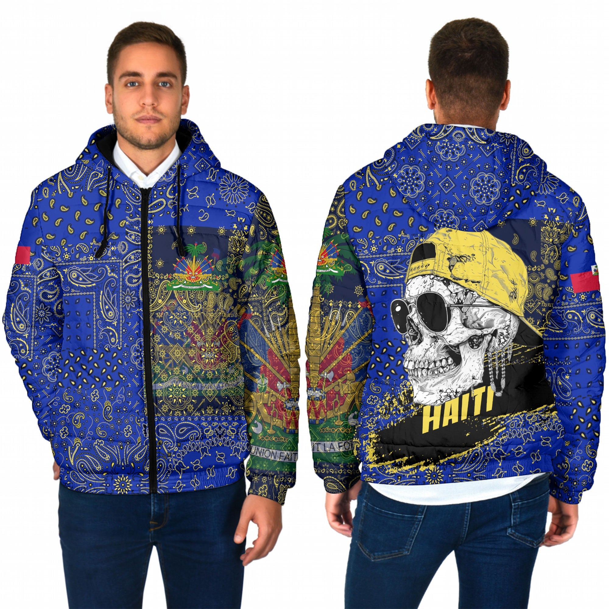 Haiti Men Hooded Padded Jacket Paisley Flag And Skull Style 1