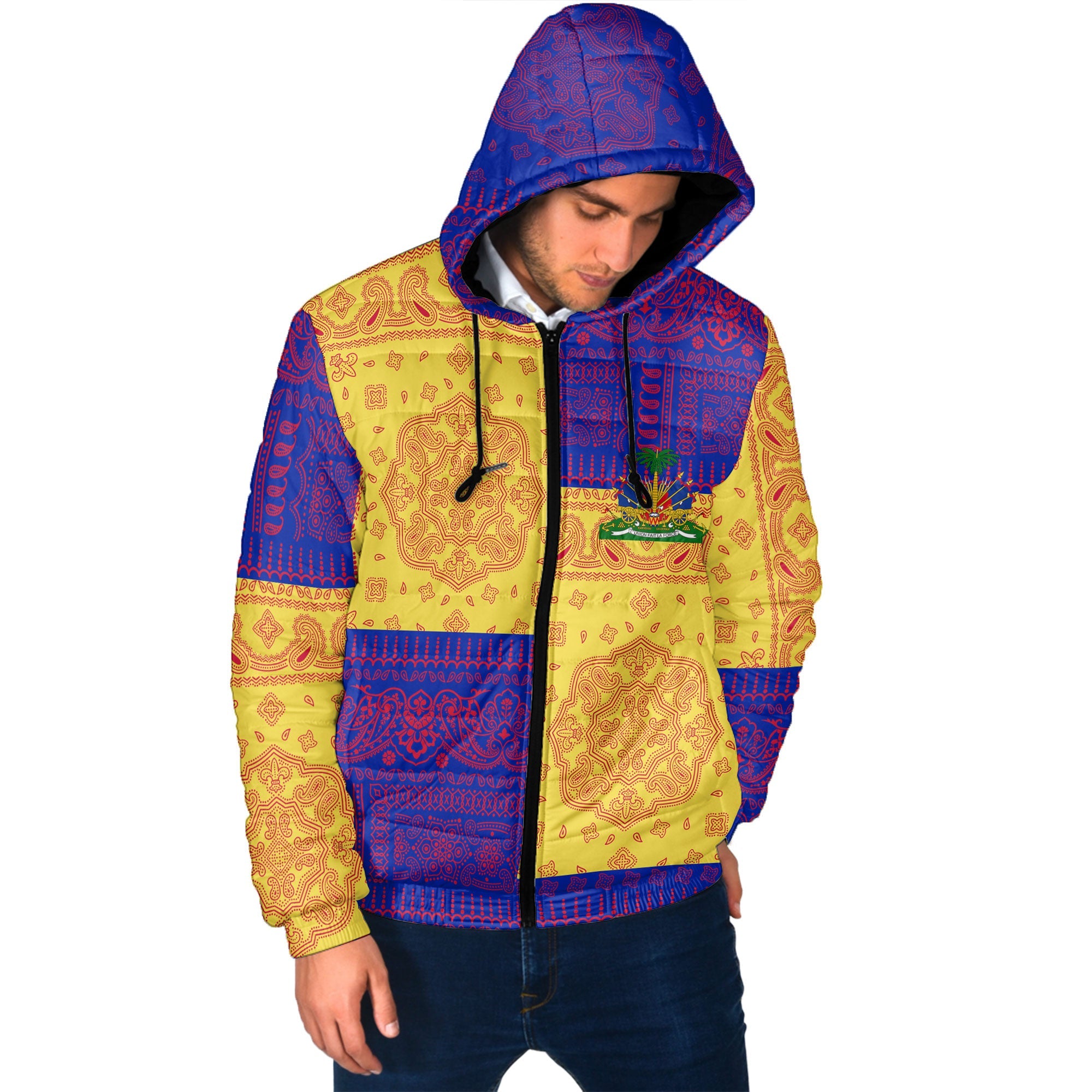 Haiti Men Hooded Padded Jacket Flag And Paisley Basic Style 2