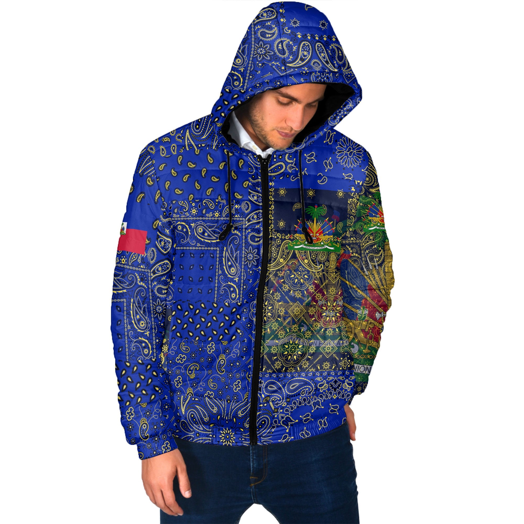 Haiti Men Hooded Padded Jacket Paisley Flag And Skull Style 2