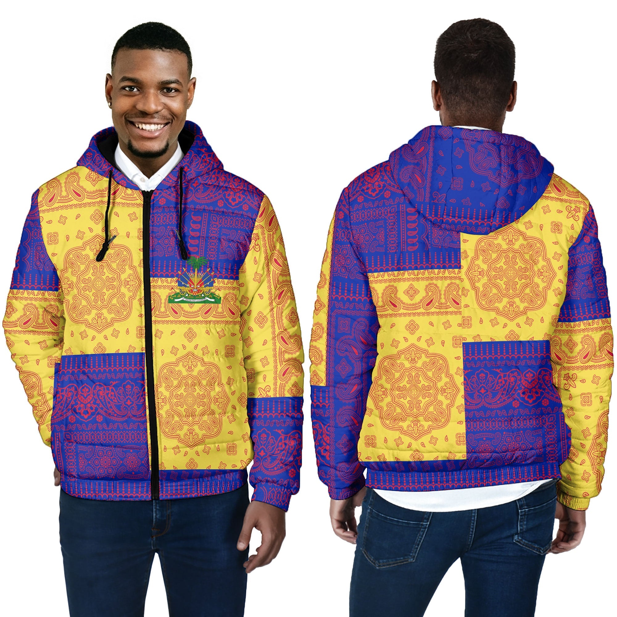 Haiti Men Hooded Padded Jacket Flag And Paisley Basic Style 4