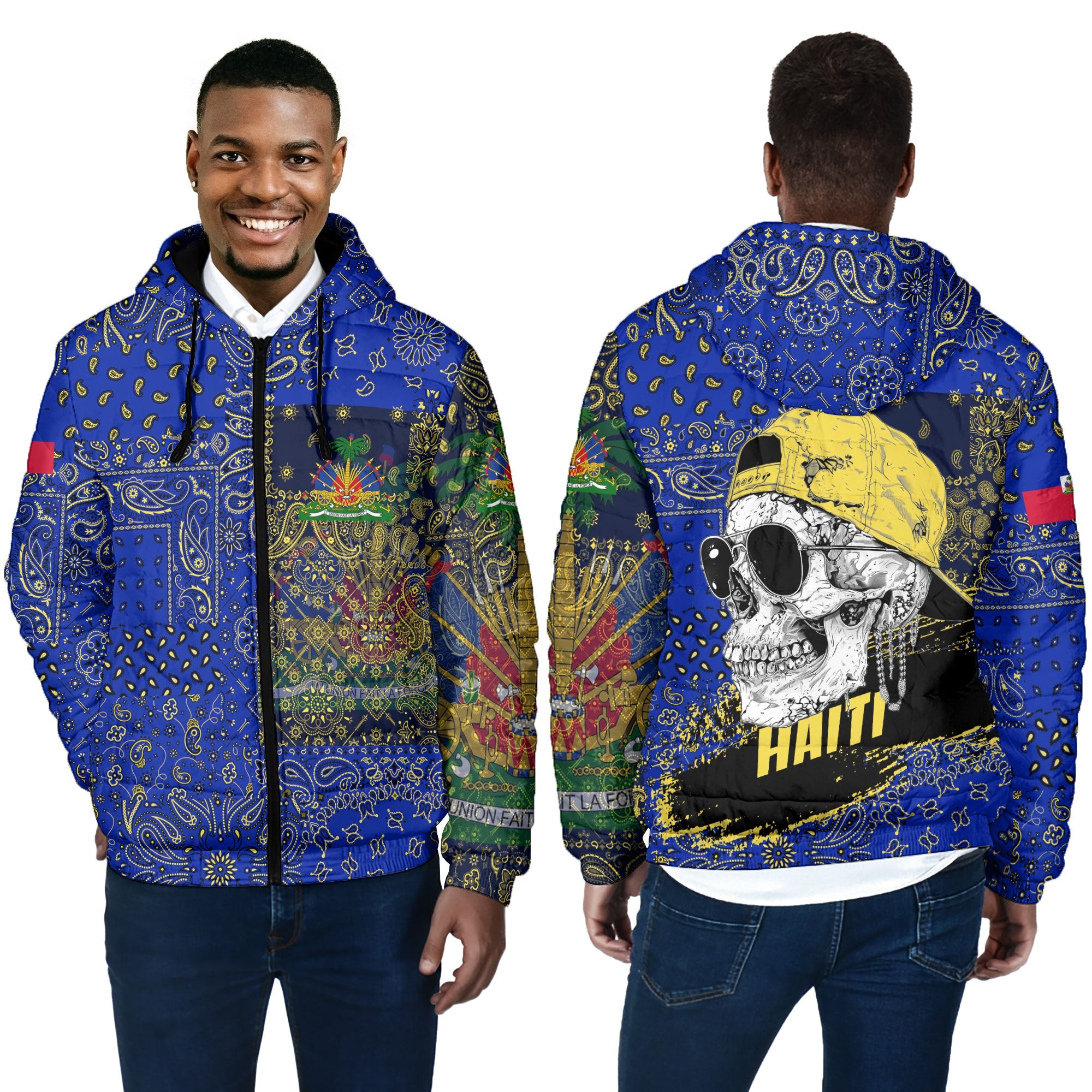 Haiti Men Hooded Padded Jacket Paisley Flag And Skull Style 4