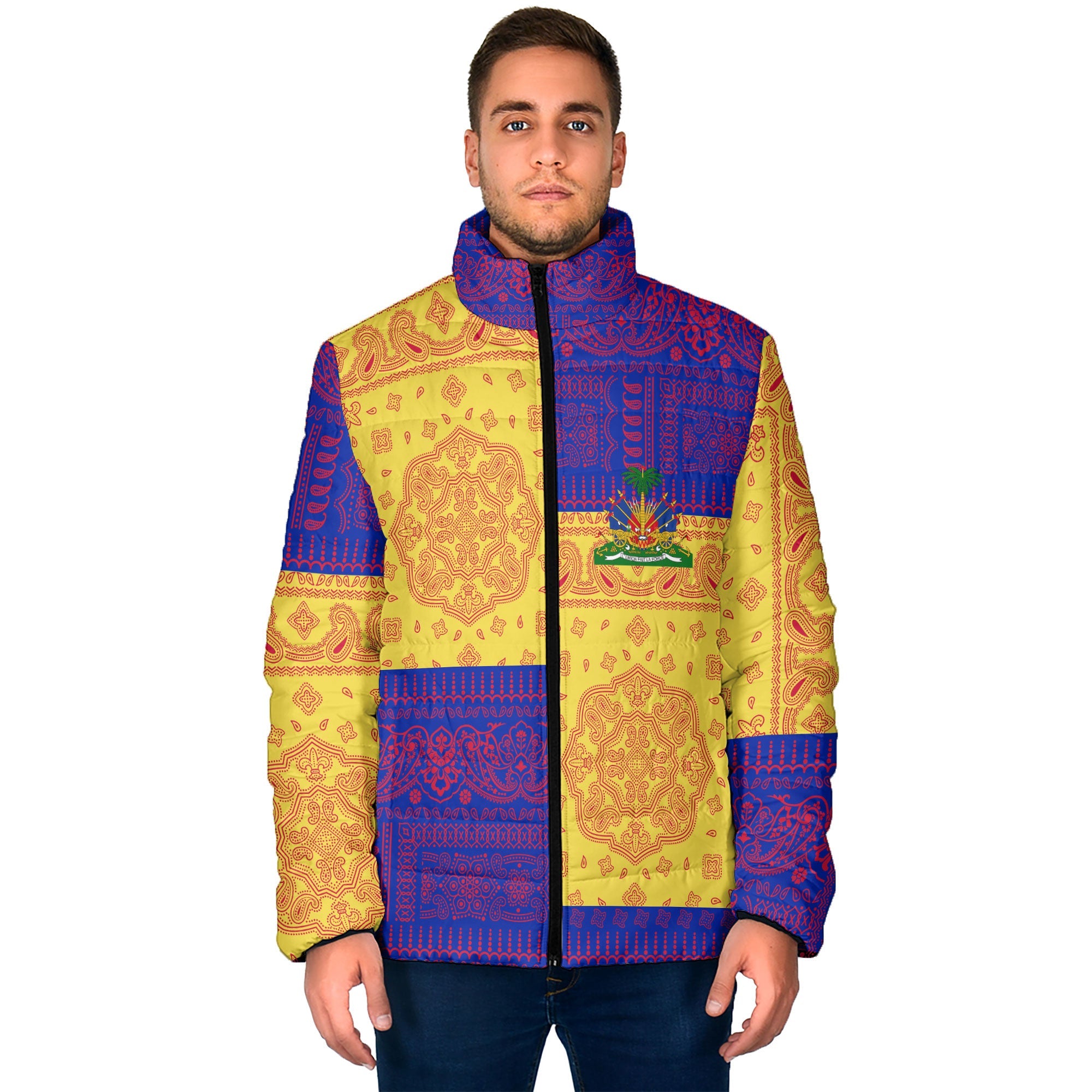 Haiti Men Padded Jacket Flag And Paisley Basic Style 1