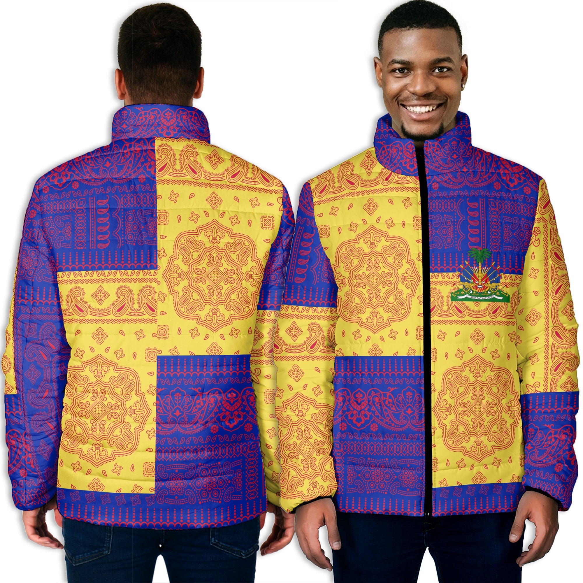 Haiti Men Padded Jacket Flag And Paisley Basic Style 3