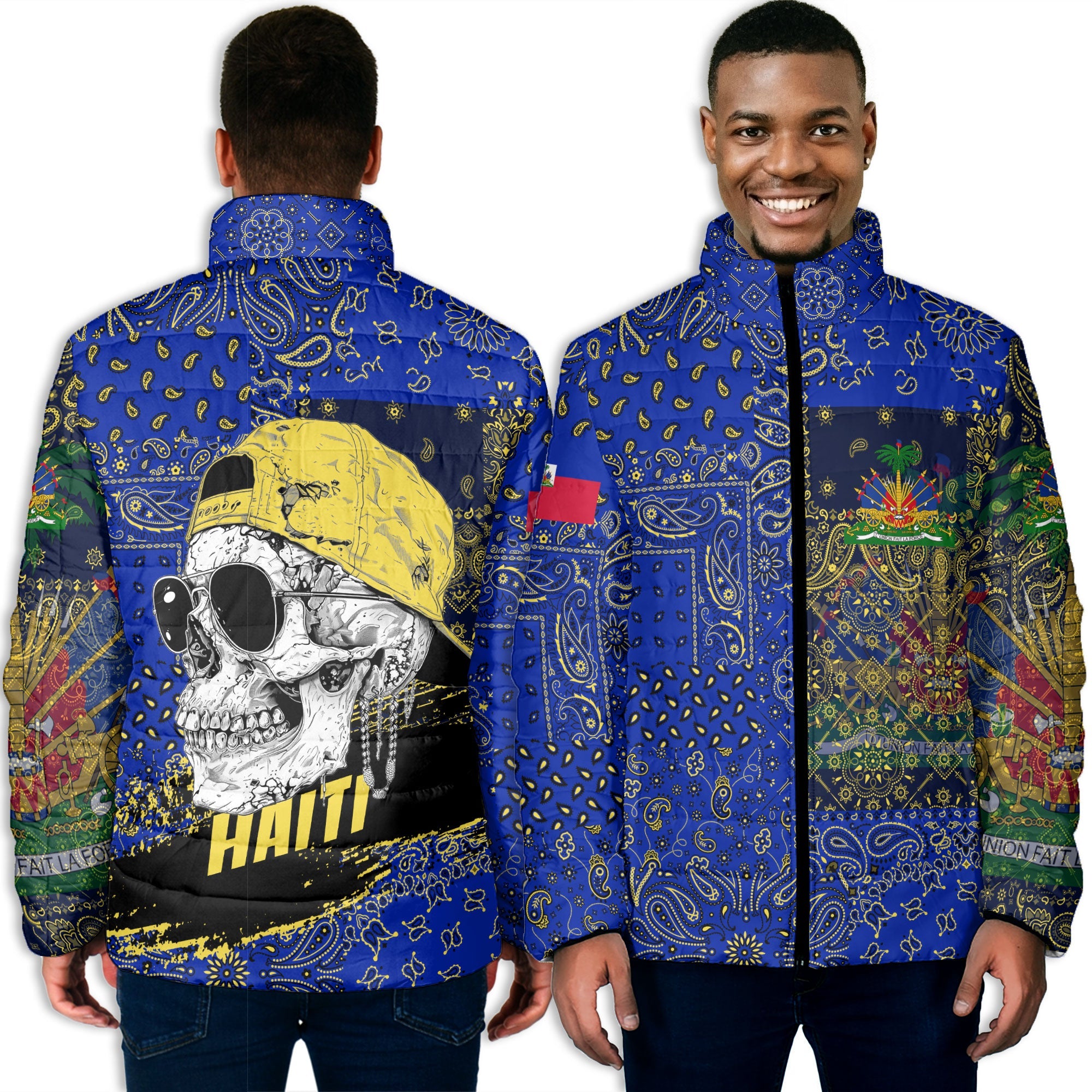 Haiti Men Padded Jacket Paisley Flag And Skull Style 3