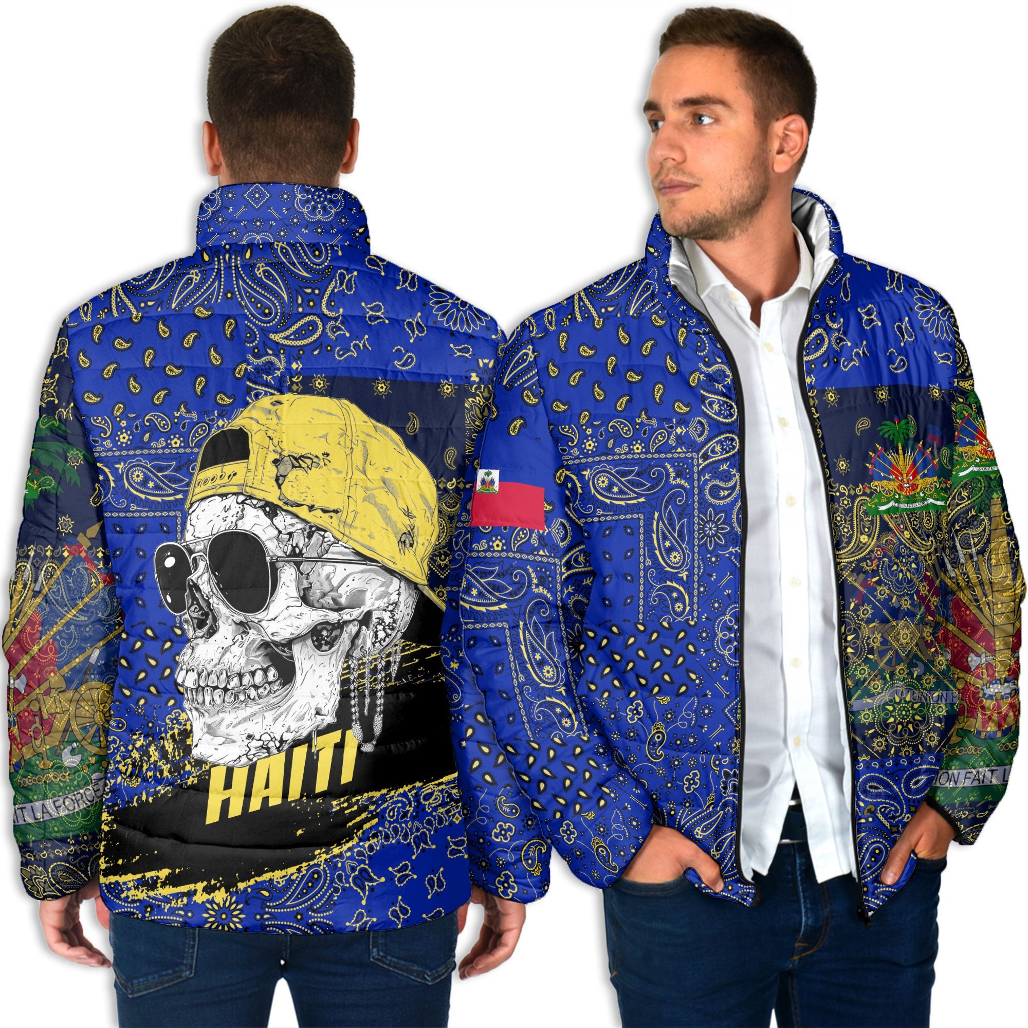 Haiti Men Padded Jacket Paisley Flag And Skull Style 4