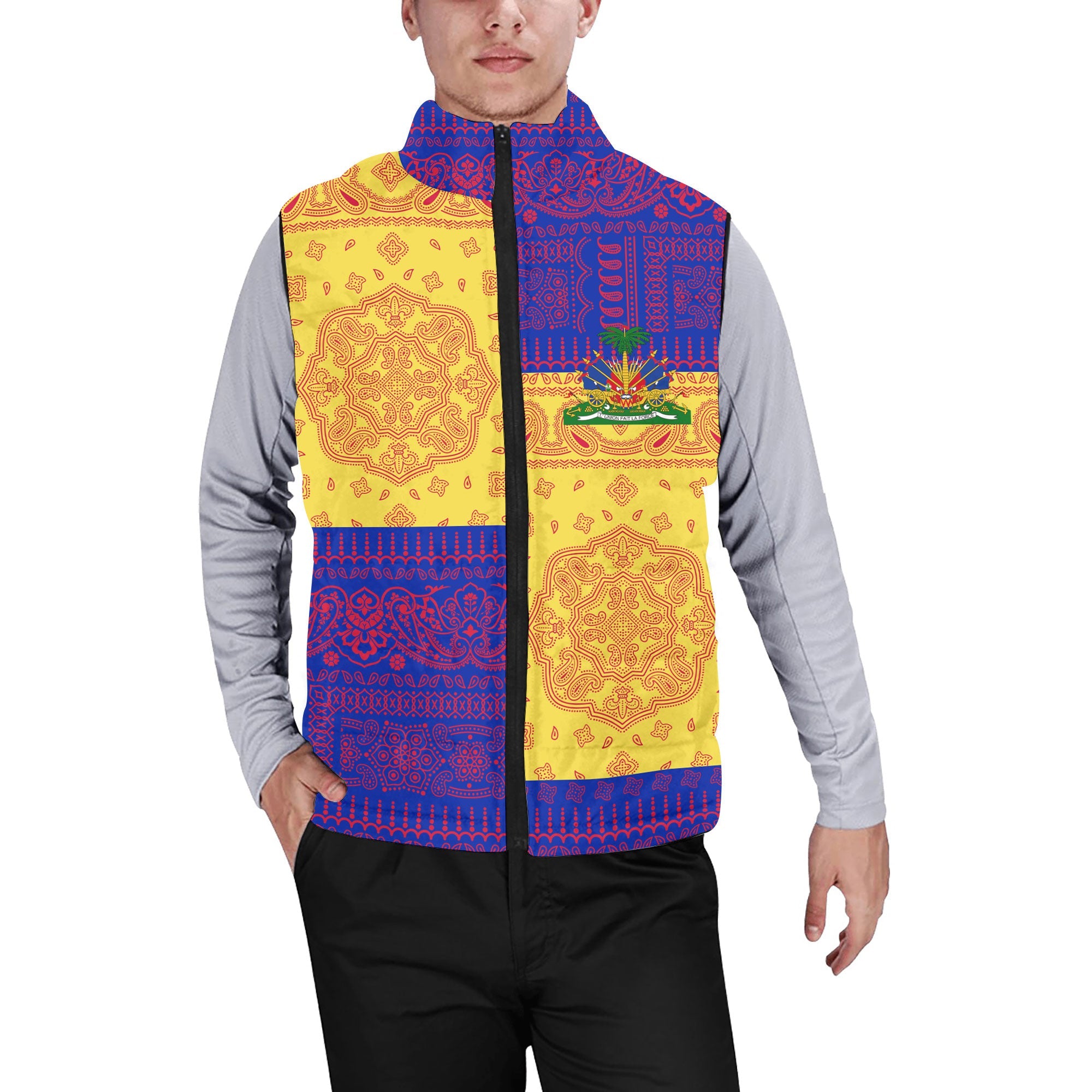 Haiti Men Padded Jacket Vest Flag And Paisley Basic Style 1