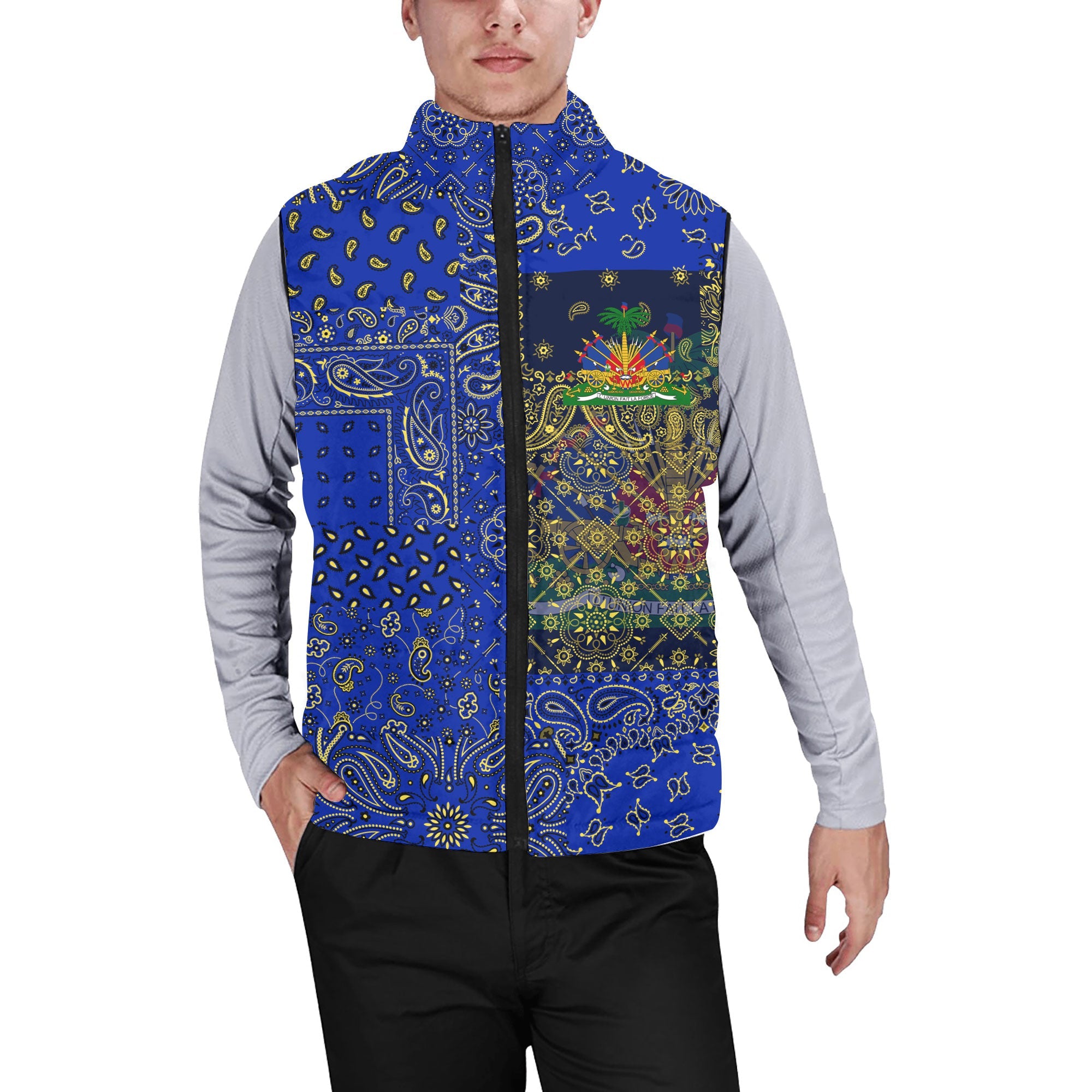 Haiti Men Padded Jacket Vest Paisley Flag And Skull Style 1