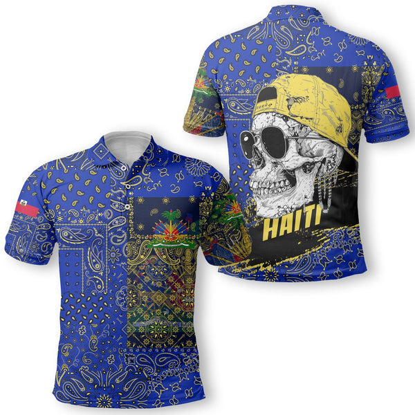 Haiti Polo Shirt Paisley Flag And Skull Style 1