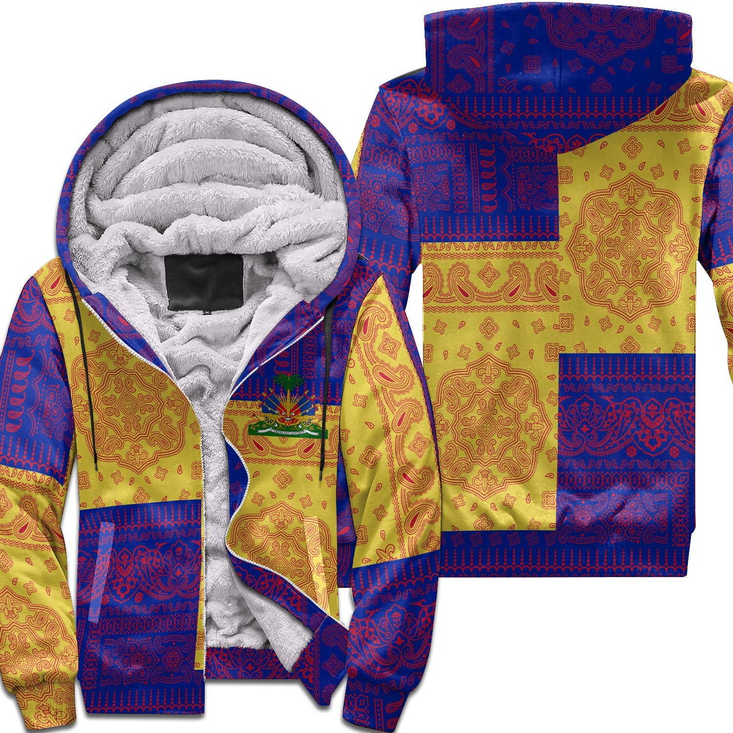 Haiti Sherpa Hoodie Flag And Paisley Basic Style 1