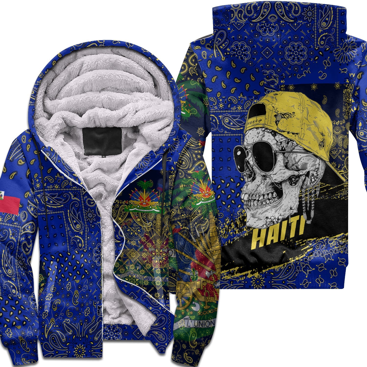 Haiti Sherpa Hoodie Paisley Flag And Skull Style 1