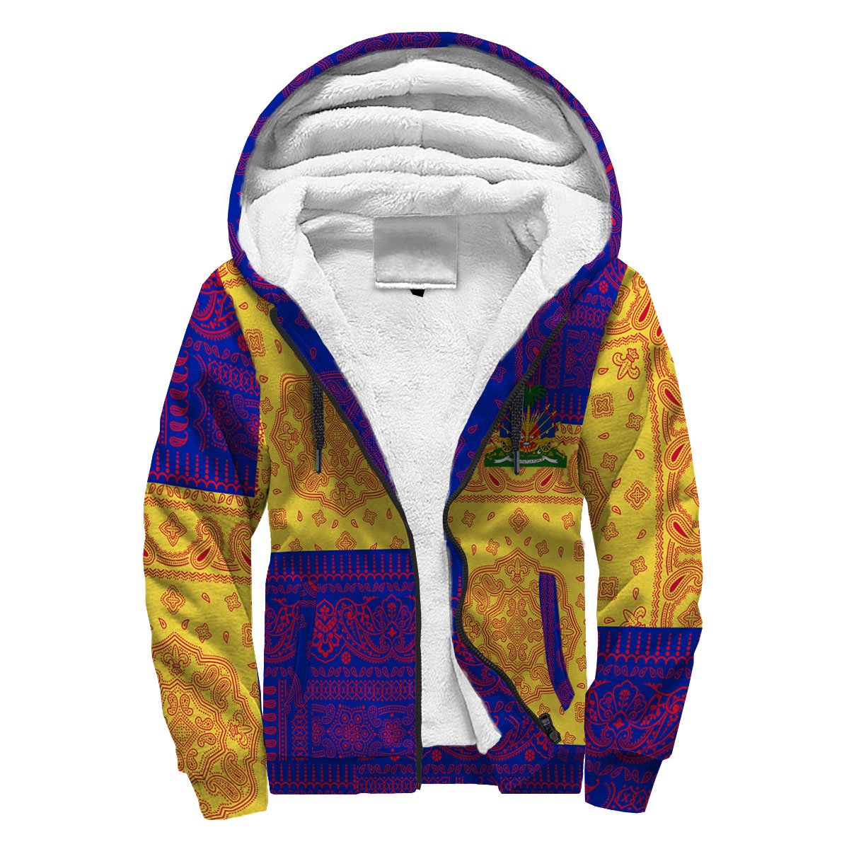 Haiti Sherpa Hoodie Flag And Paisley Basic Style 3