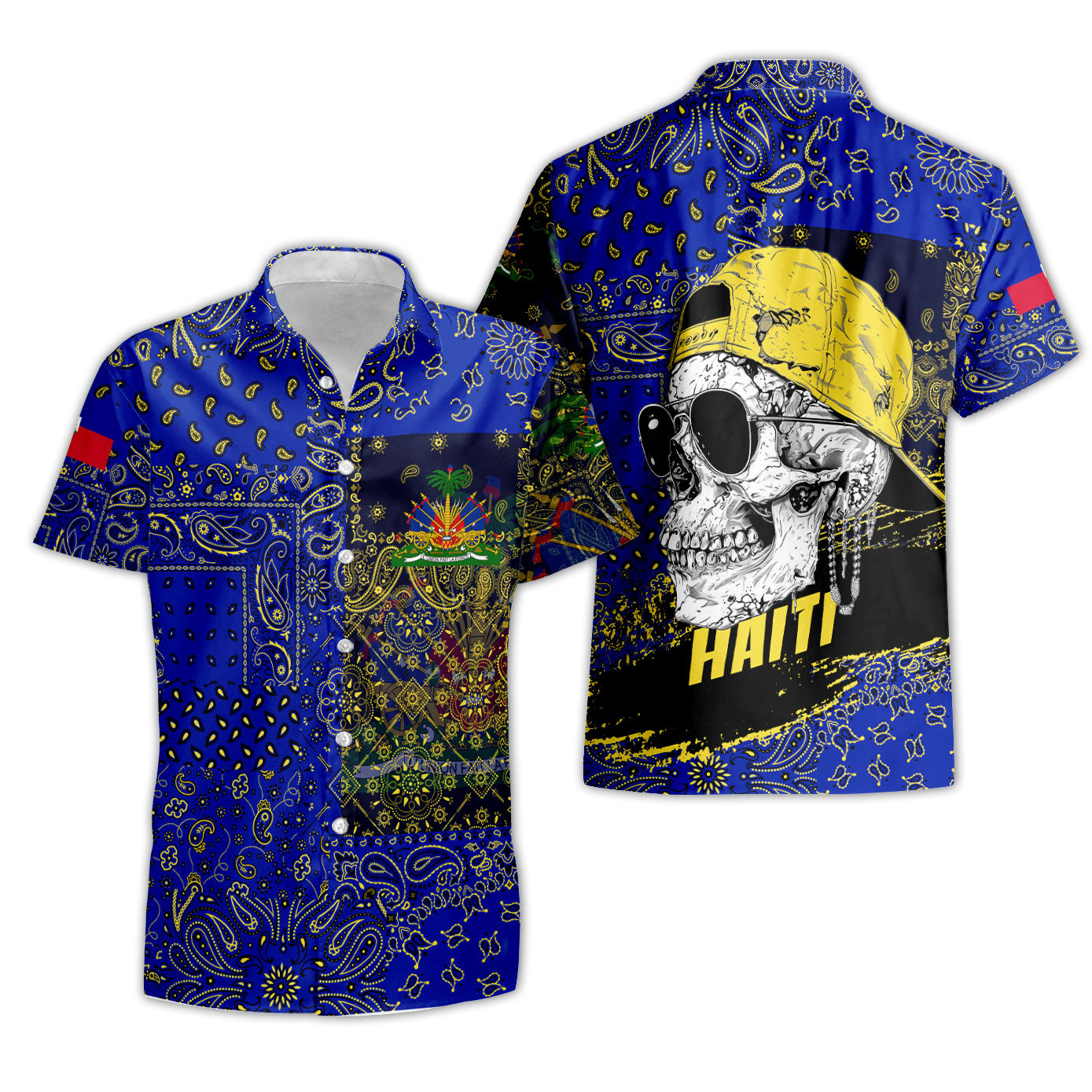 Haiti Short Sleeve Shirt Paisley Flag And Skull Style 3