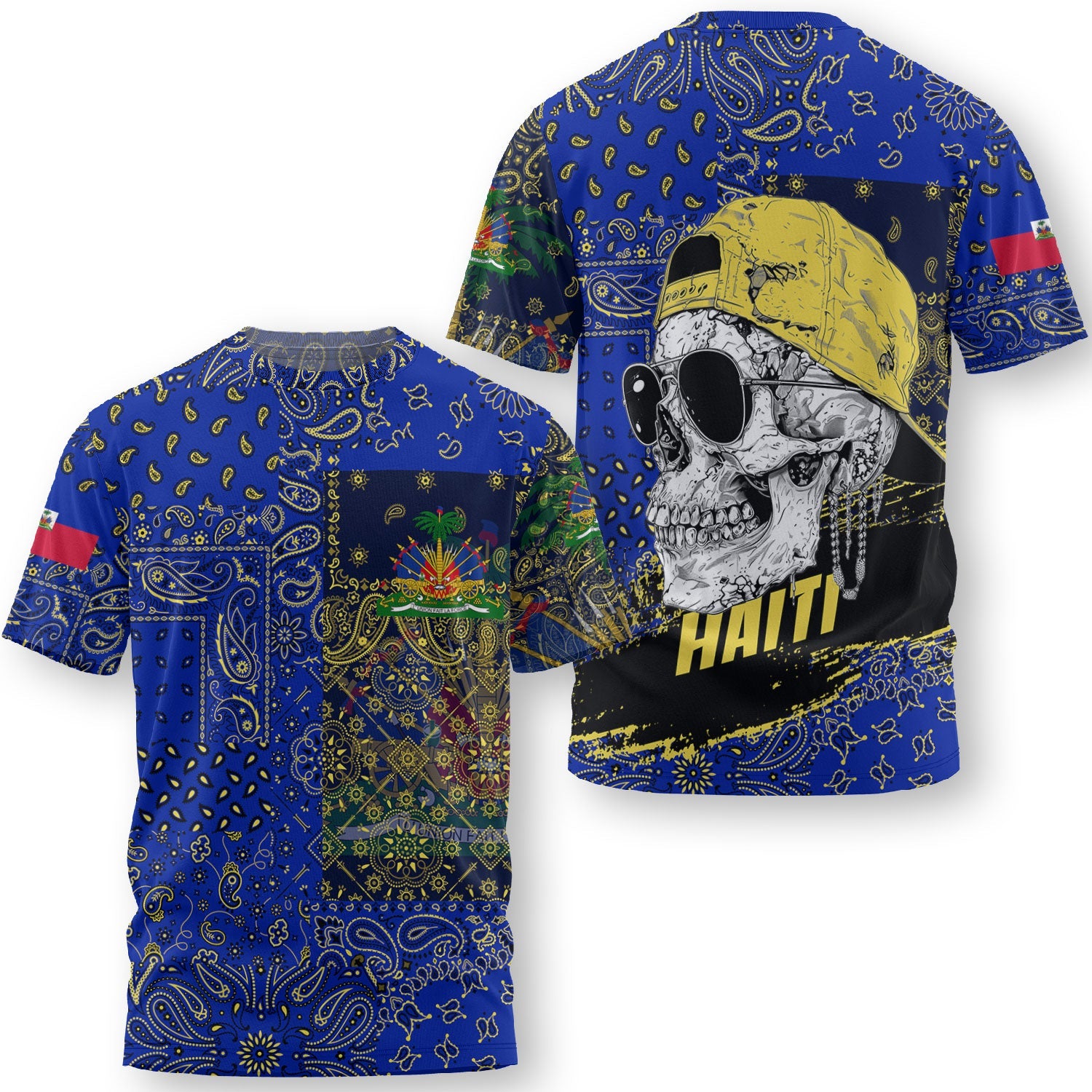 Haiti T Shirt Paisley Flag And Skull Style 3